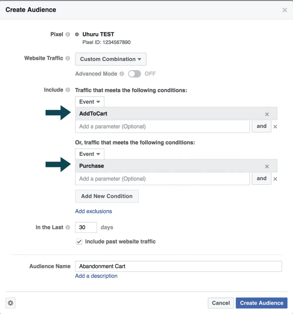 facebook retargeting Eklentiler ve hariç tutma ile özel kombinasyonlar