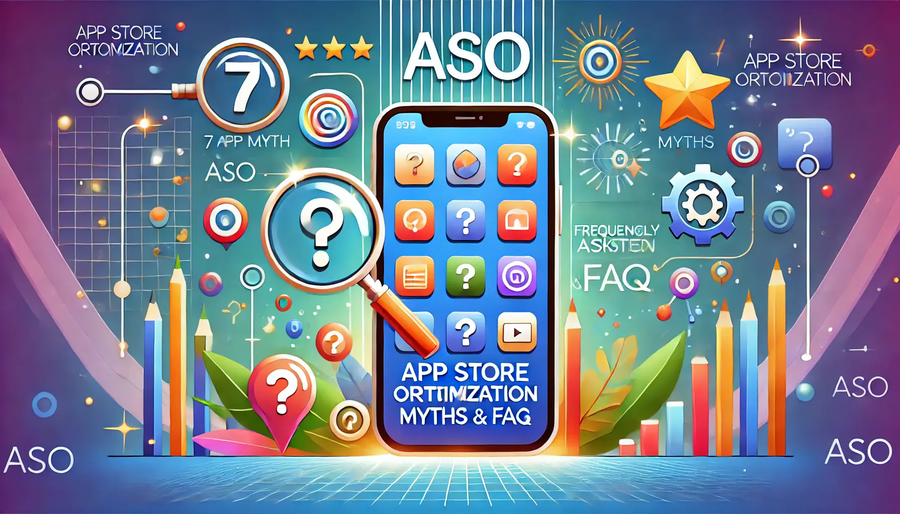 A digital illustration of a smartphone displaying app icons and question marks, surrounded by elements like magnifying glasses and stars, representing common ASO myths and frequently asked questions.