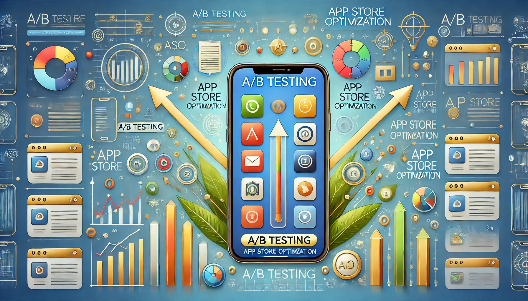 A digital illustration showing two smartphones side by side with different versions of app elements like icons and titles, representing A/B testing for app optimization.