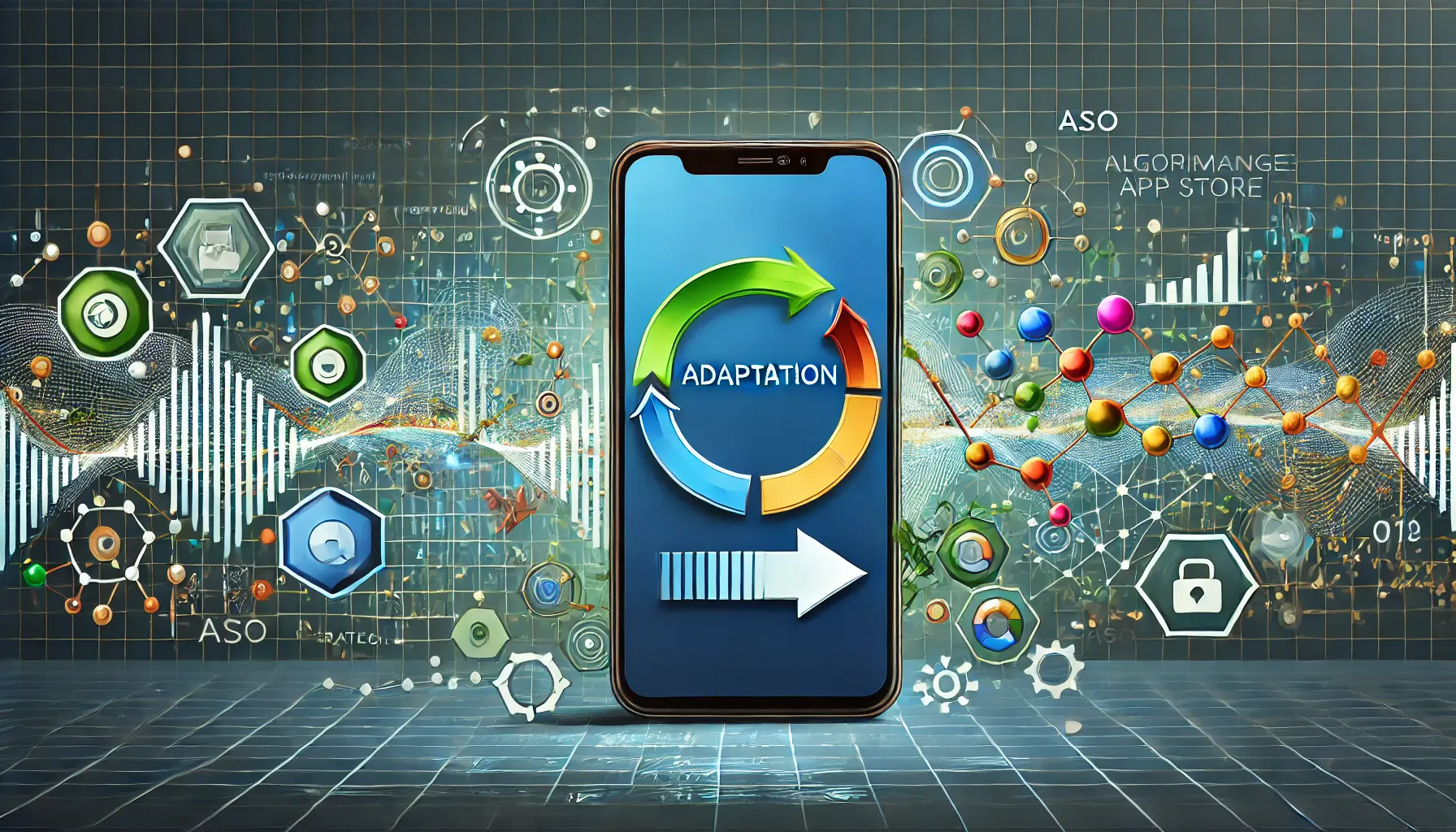 A digital illustration of a smartphone surrounded by fluctuating graphs and algorithm symbols, with circular arrows representing adaptation to changes in app store algorithms.