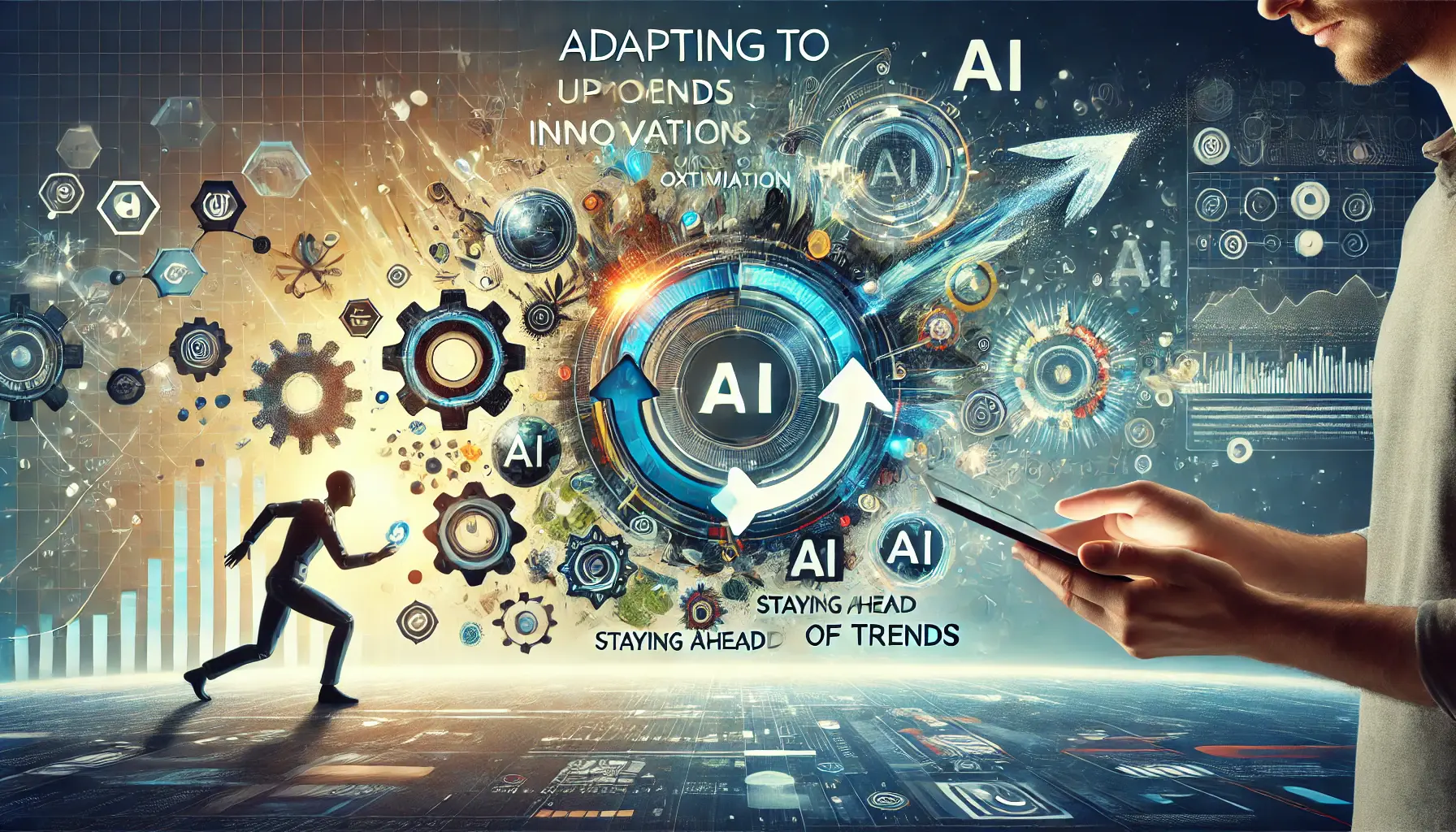 Abstract representation of adapting to upcoming trends and innovations in app store optimization, with futuristic tools and evolving digital elements.