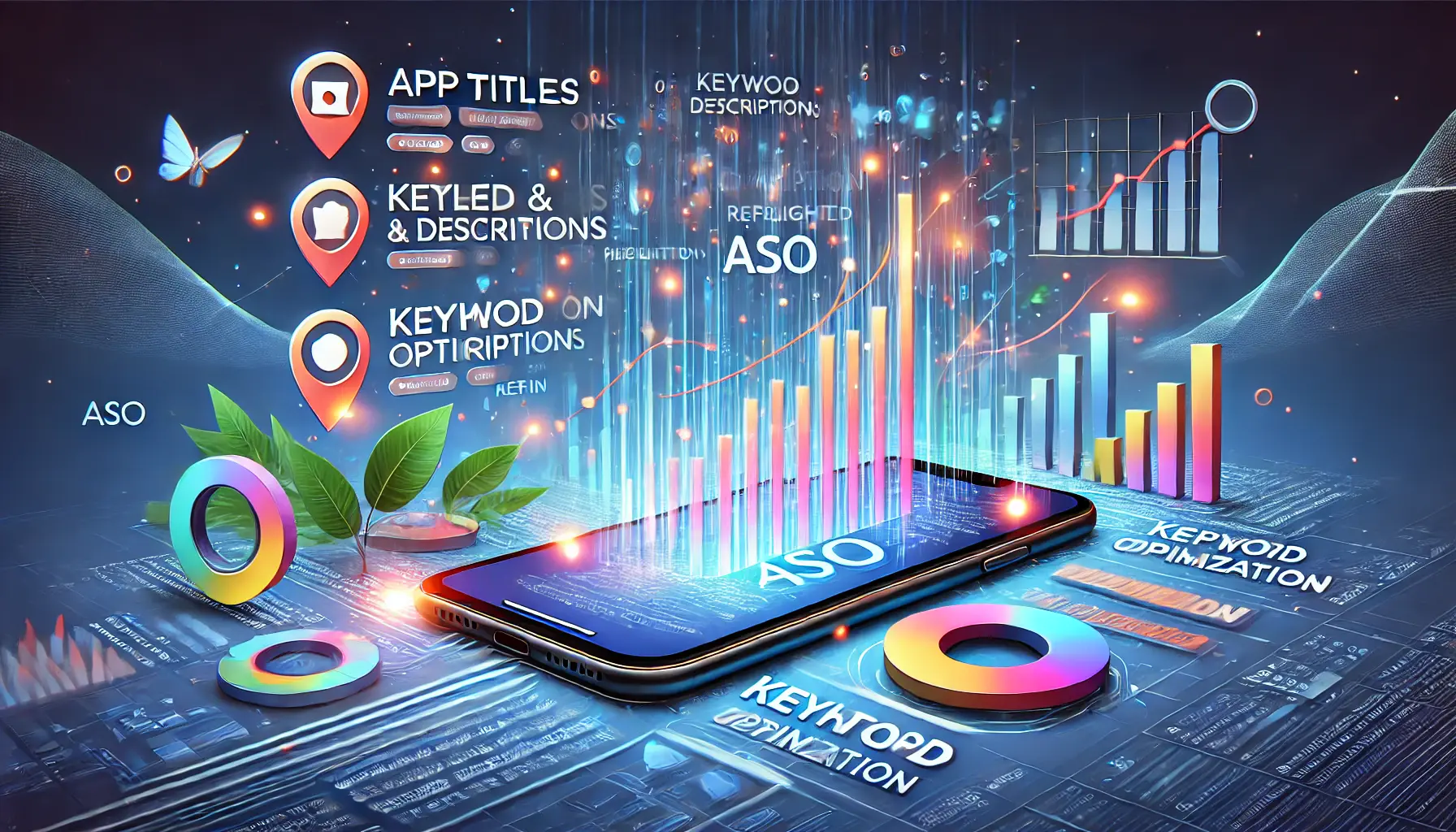 Abstract representation of app title and description optimization for ASO, with app icons, data flows, and charts symbolizing improved performance.