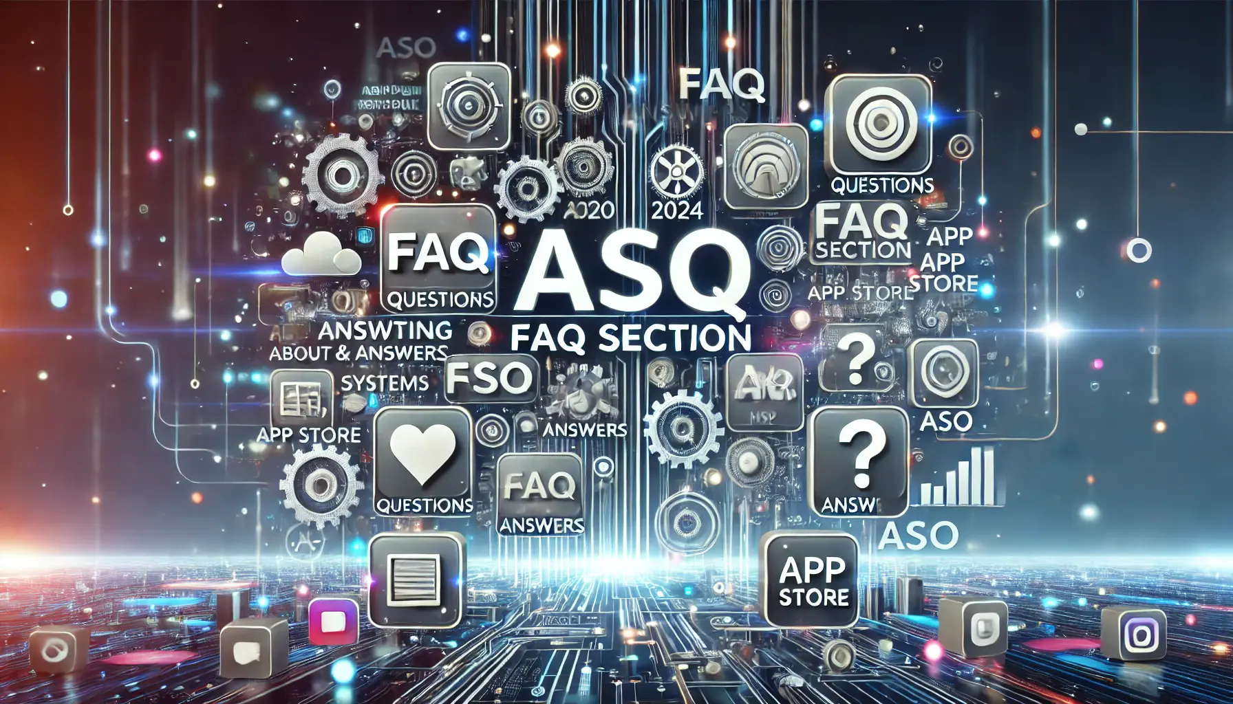 Abstract visualization of a futuristic FAQ section focused on ASO, with app icons, data flows, and digital question-answer generation.