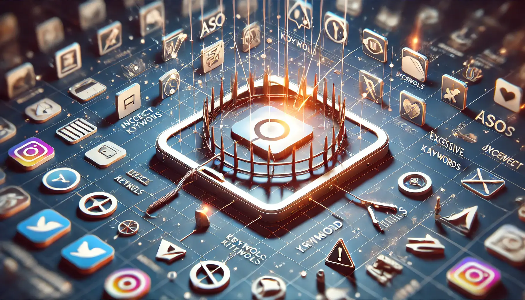 Conceptual image showing an app icon surrounded by an abstract trap, symbolizing the pitfalls of incorrect or excessive keyword use in ASO.