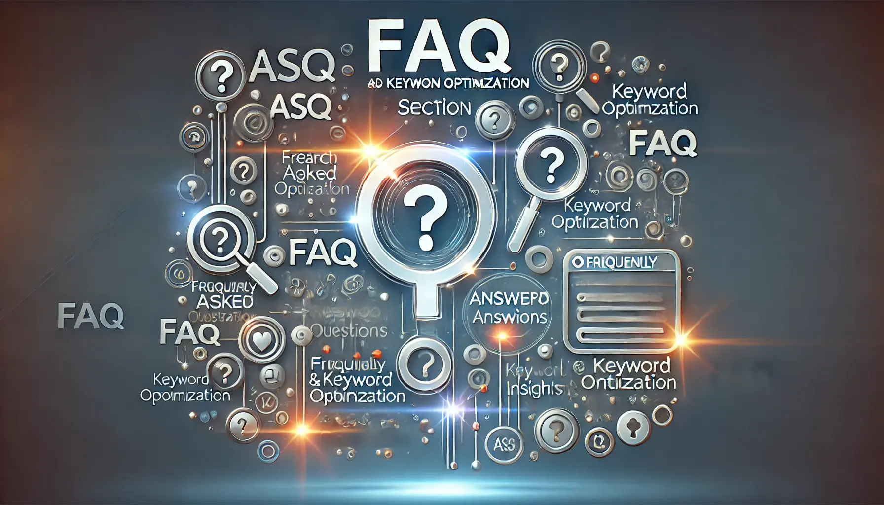 Conceptual image showing abstract question marks, app icons, search bars, and keywords connected by lines, symbolizing the answering of FAQs related to ASO and keyword optimization.