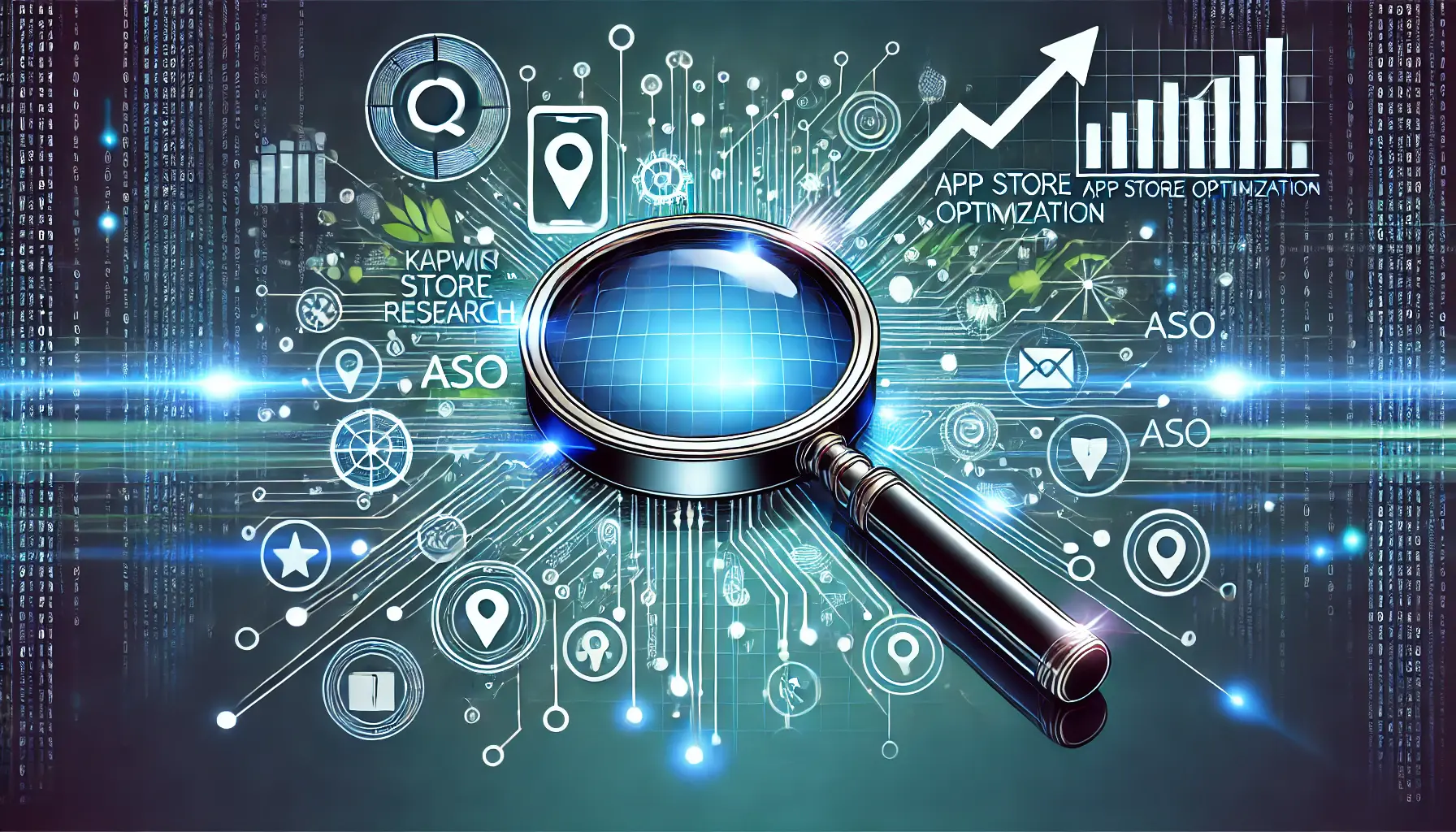 An abstract image featuring a magnifying glass symbolizing search, with digital lines and nodes representing keywords and optimization, alongside app icons and upward trending graphs.