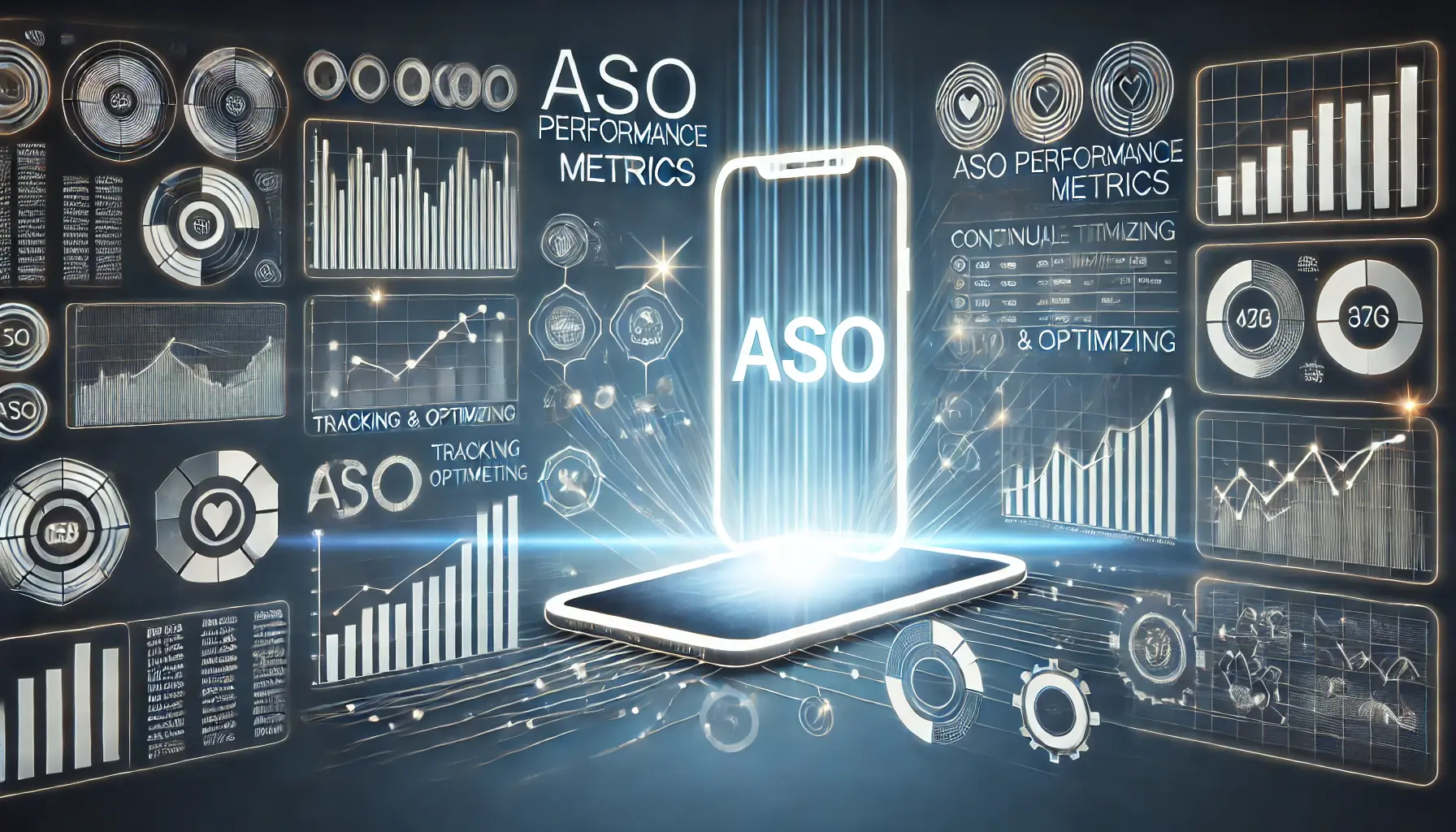 Conceptual image depicting charts, graphs, and progress lines leading towards a growing app icon, symbolizing the tracking and optimization of ASO performance metrics.