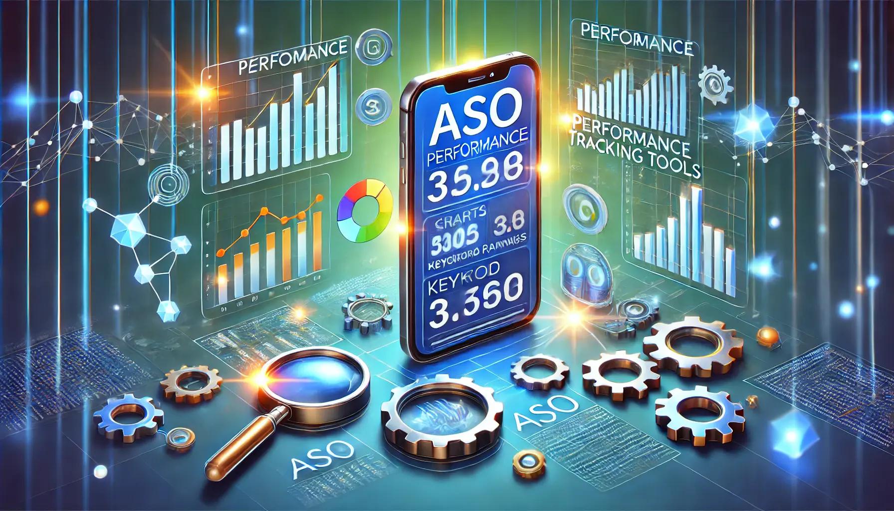 A digital illustration of a smartphone displaying performance metrics such as graphs, keyword rankings, and data points, surrounded by symbols like magnifying glasses and gears representing analysis and optimization.