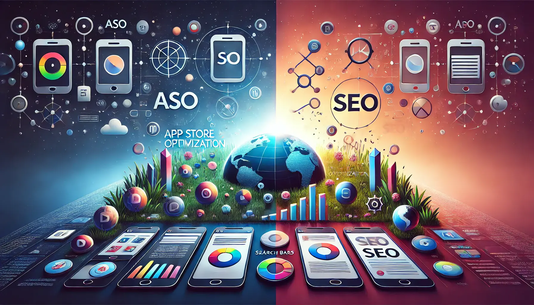 Conceptual image showing the contrast between App Store Optimization (ASO) and Search Engine Optimization (SEO), with app store elements on one side and website elements on the other.