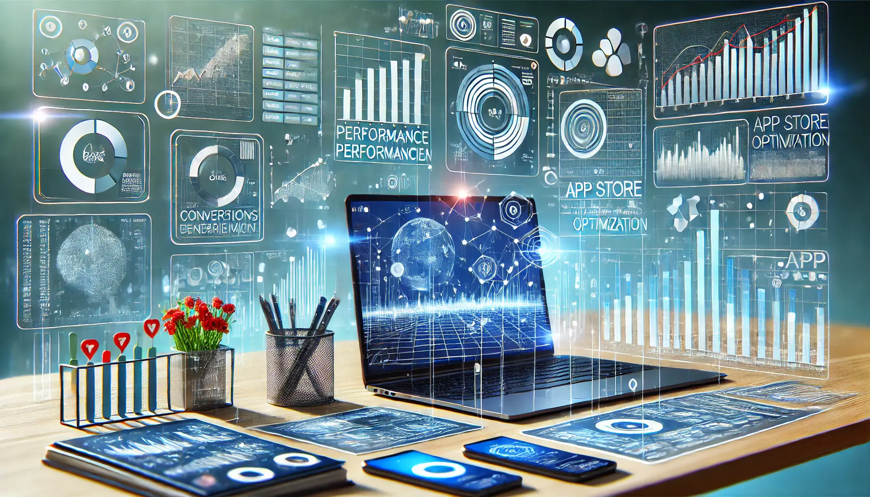 Abstract visualization of performance assessment and data-driven decision making in ASO, with charts, analytics dashboards, and data flows.