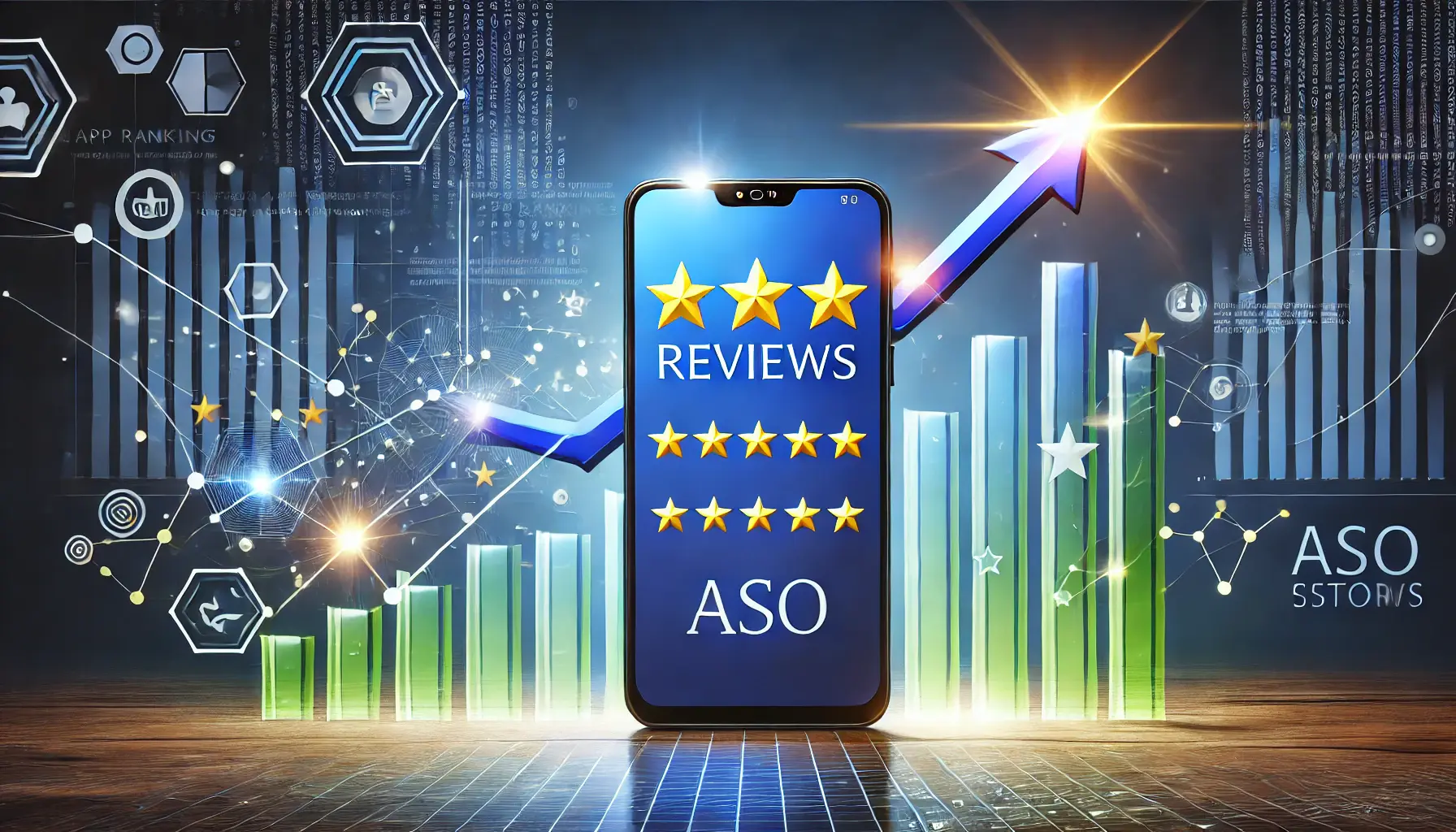 A digital illustration of a smartphone with star ratings and review bubbles, accompanied by an upward trending graph symbolizing improved app rankings due to positive reviews.