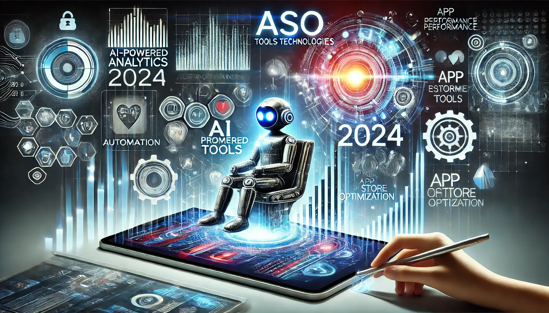 Abstract representation of emerging ASO tools and technologies for 2024, featuring AI-powered analytics, automation tools, and app performance tracking.