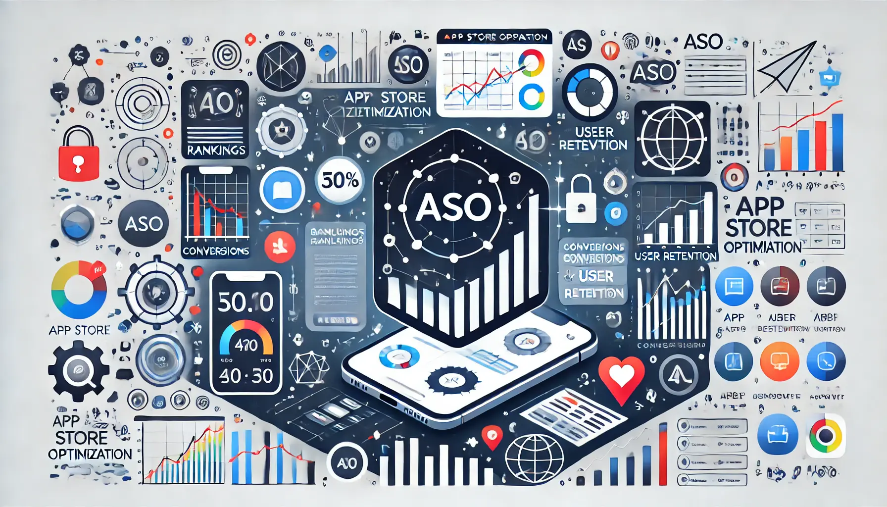 Abstract visualization of essential ASO metrics like charts, app icons, rankings, conversions, and user retention data.