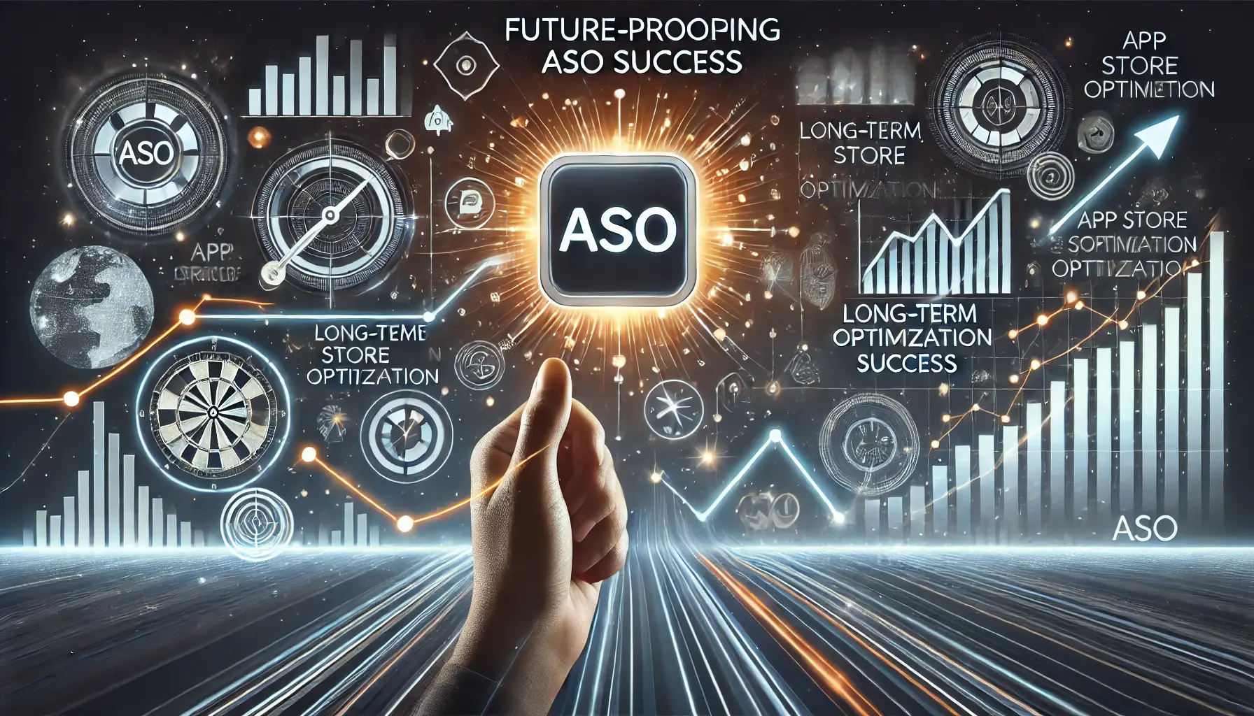 Conceptual image showing a glowing app icon, futuristic graphs, and dynamic lines moving forward, symbolizing continuous growth and future-proofing ASO success.