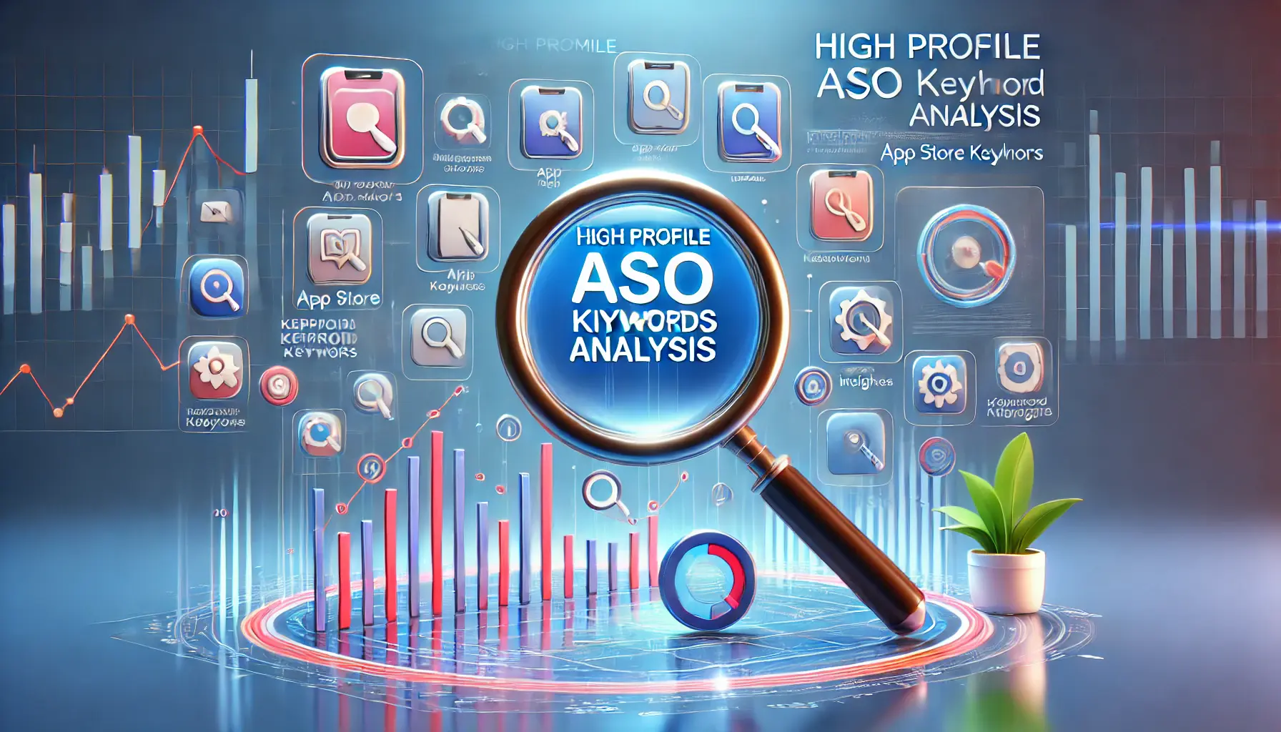 Abstract visualization of keyword analysis for App Store Optimization, featuring magnifying glasses over app icons and performance graphs.