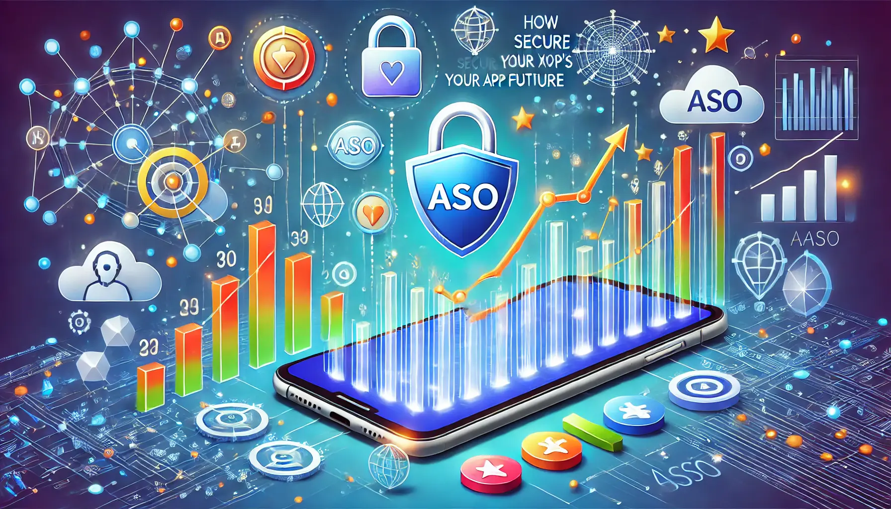 A digital illustration of a smartphone displaying app growth metrics like graphs and performance indicators, surrounded by symbols like a lock and upward arrows representing security and future success.