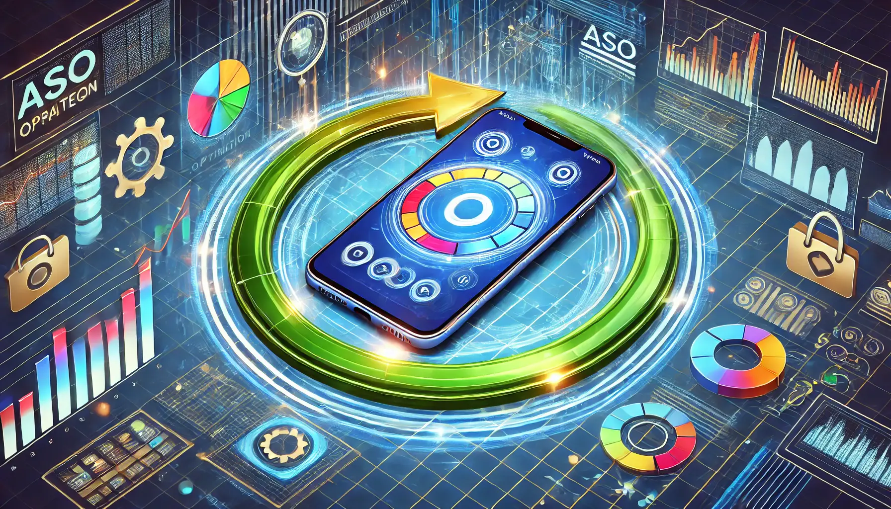 A digital illustration of a smartphone displaying app performance metrics and analytics, surrounded by a circular arrow symbolizing continuous optimization.