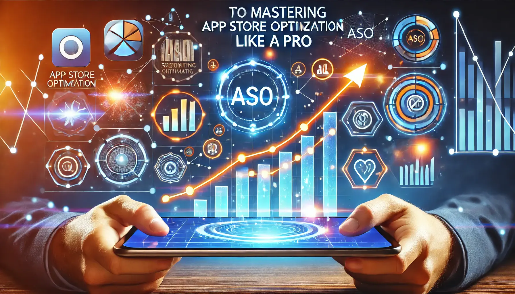 Conceptual image showing a digital dashboard with strong performance metrics, glowing app icons, and upward-trending graphs, representing success in mastering ASO.