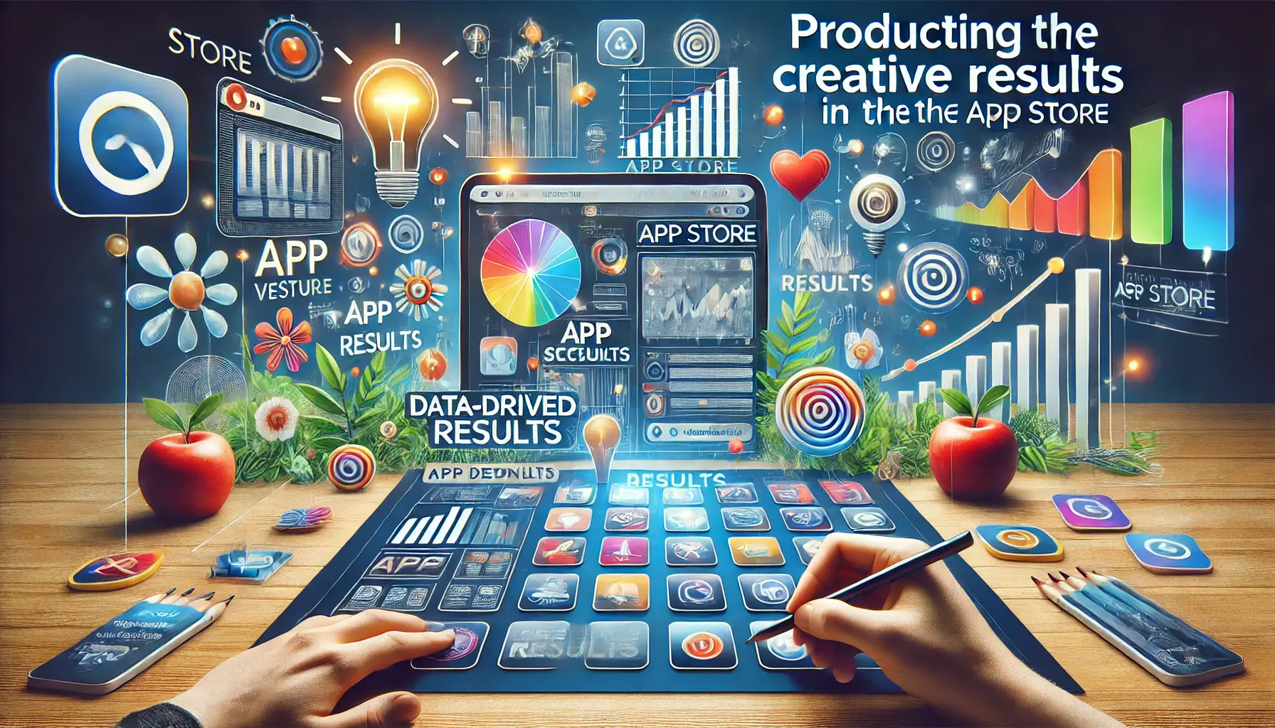 Abstract representation of app store visuals being optimized, featuring app icons, screenshots, and previews alongside data-driven indicators of performance.