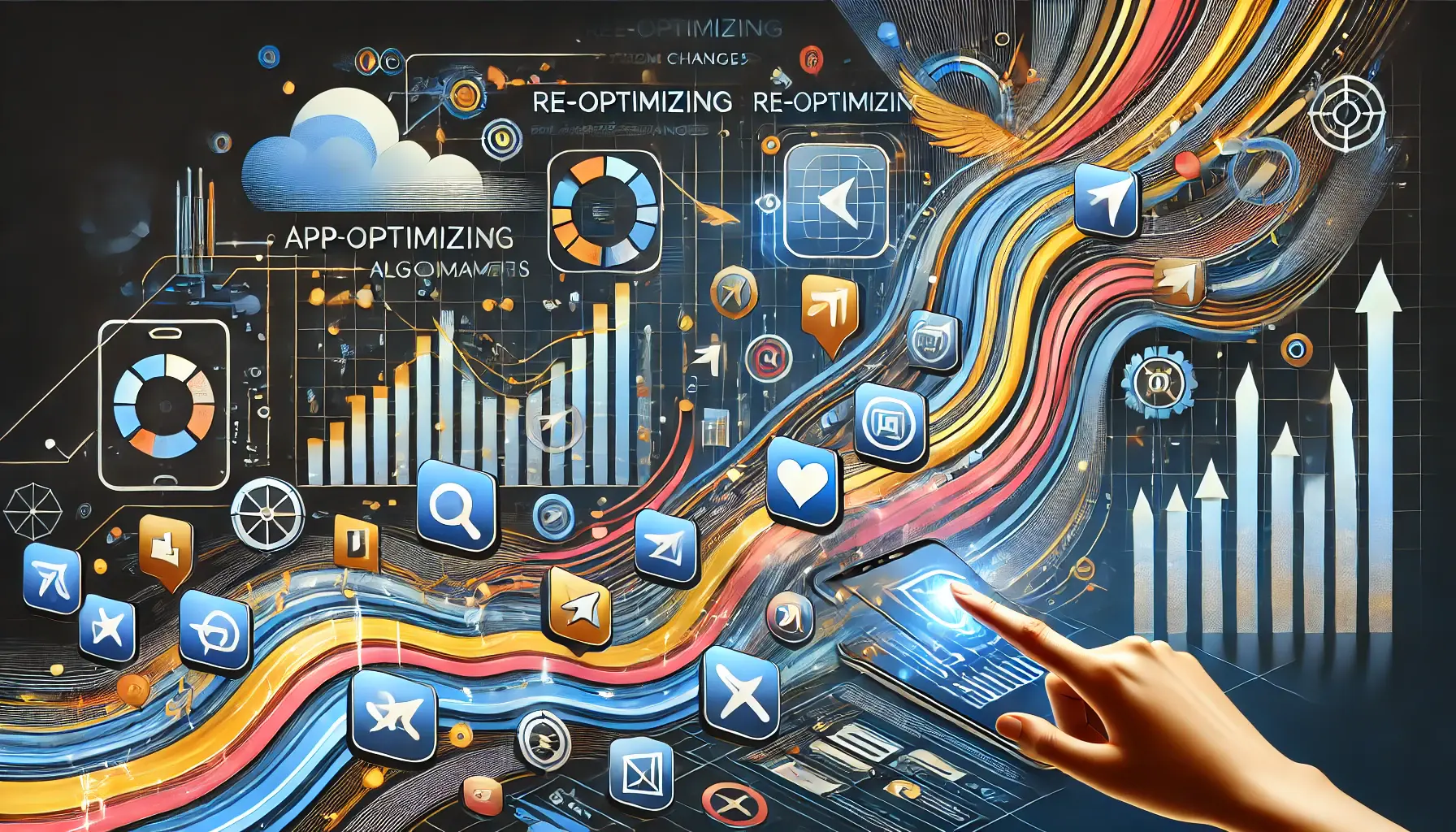 Abstract representation of re-optimizing app performance with shifting rankings and data adjustments to adapt to app store algorithm changes.