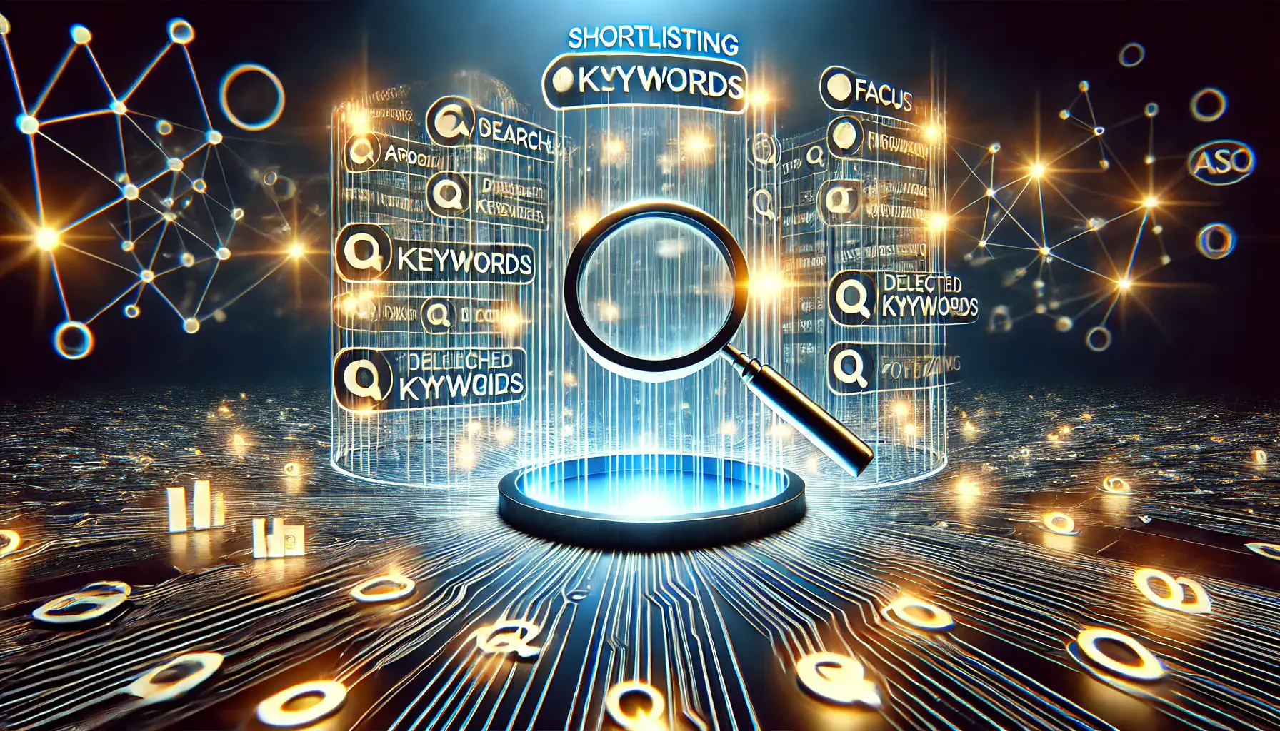 Conceptual image depicting multiple abstract search bars being filtered down to a few selected glowing keywords, symbolizing the process of shortlisting keywords for ASO.