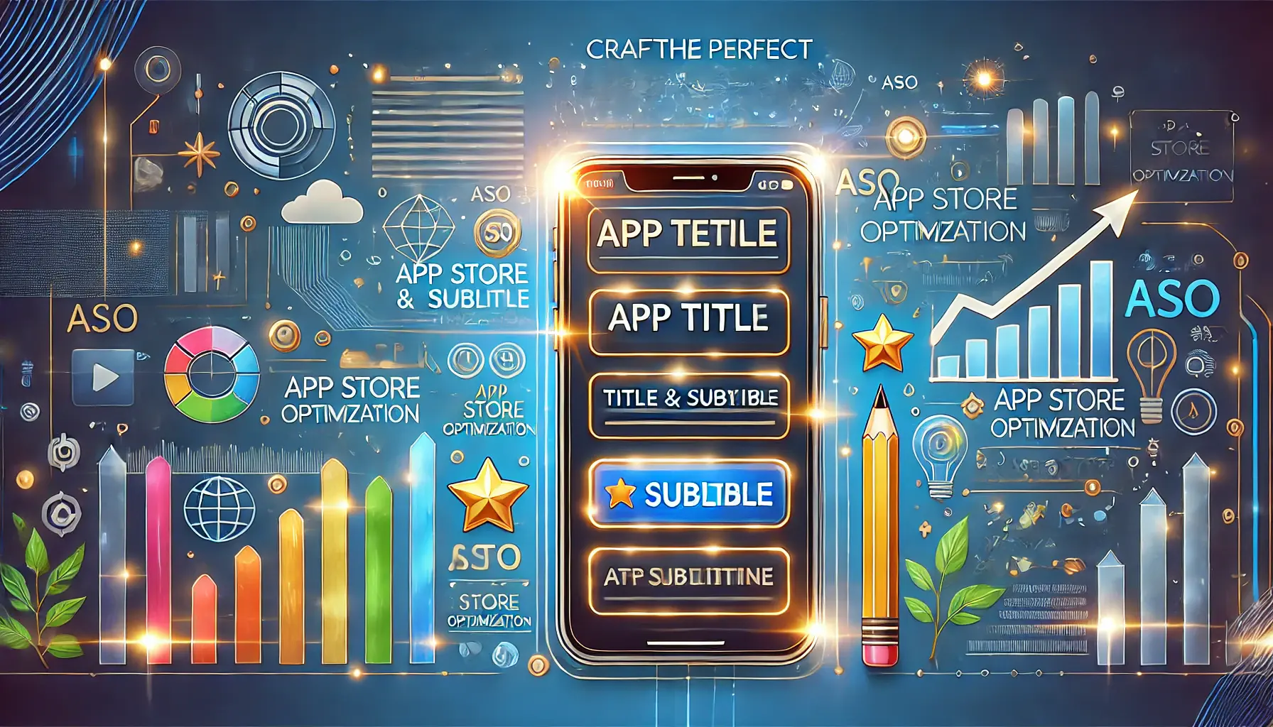 A digital illustration of a smartphone with highlighted sections for app title and subtitle, surrounded by icons, stars, and upward trending arrows symbolizing optimization and success.