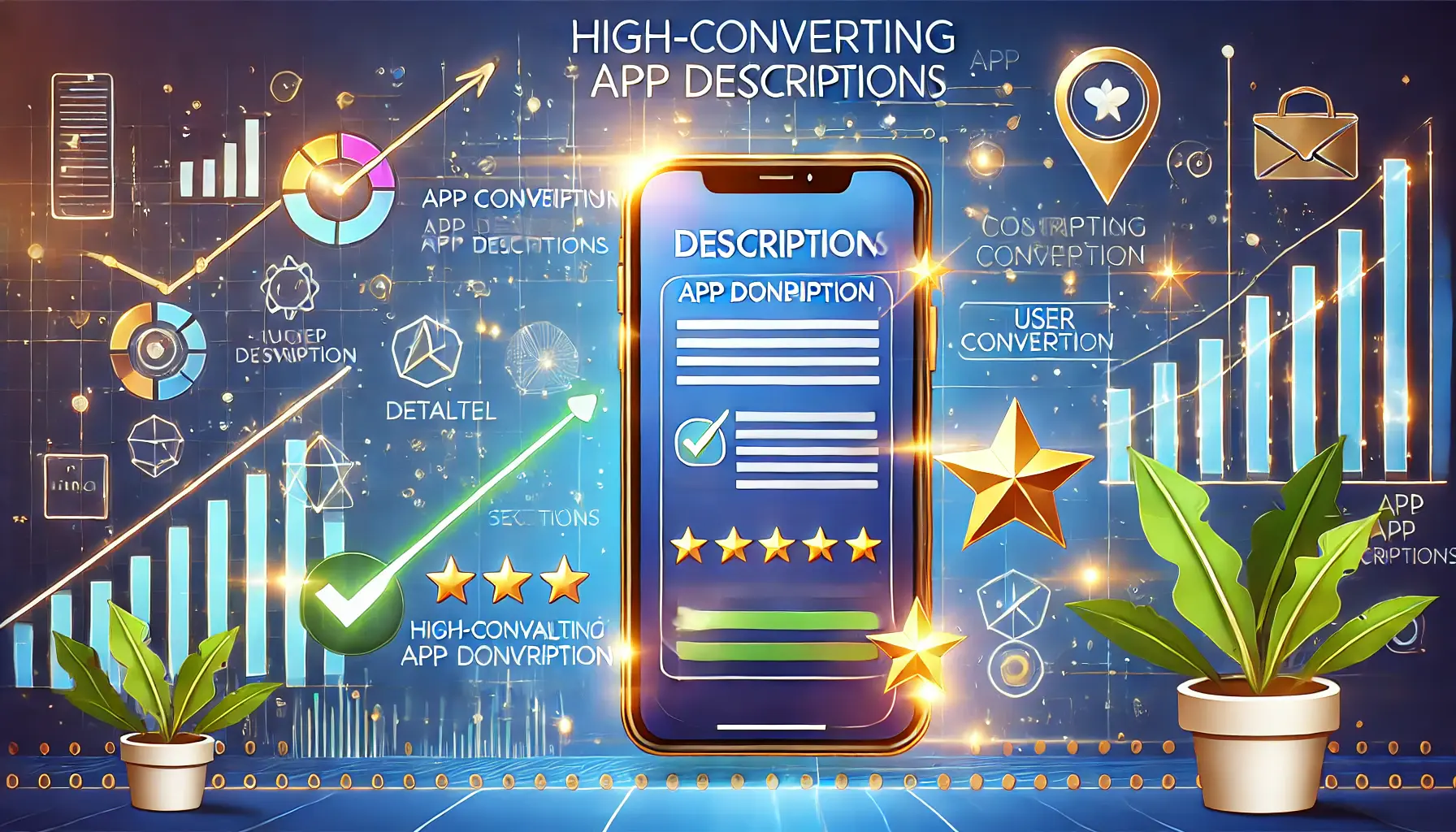 A digital illustration showing a smartphone with an open app description section, surrounded by checkmarks, upward arrows, and engagement symbols, representing conversion and user interaction.