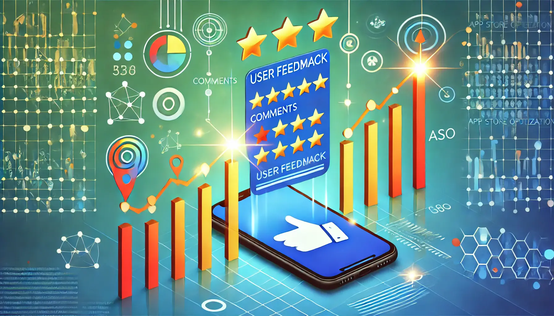 A digital illustration of a smartphone displaying feedback icons such as stars, comments, and thumbs-up symbols, surrounded by upward trending graphs symbolizing the positive impact of feedback on app performance.