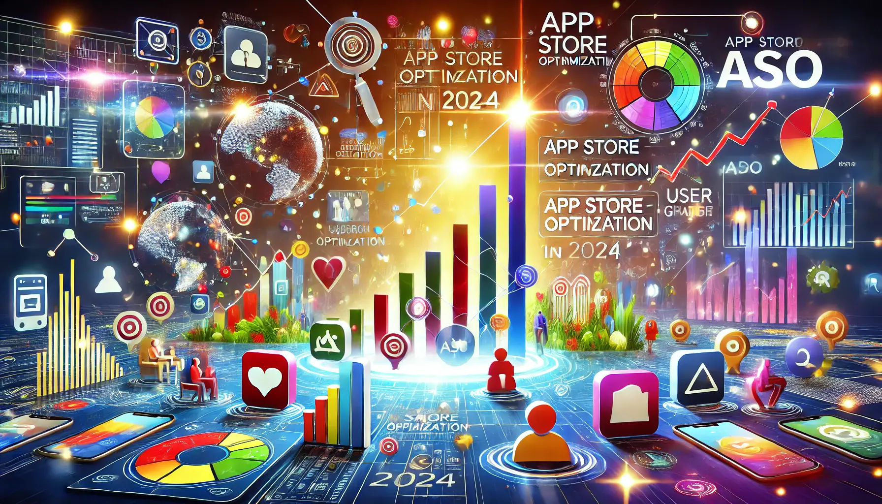 Abstract representation of app store optimization showing app icons, user engagement metrics, and growth indicators in a futuristic digital landscape.