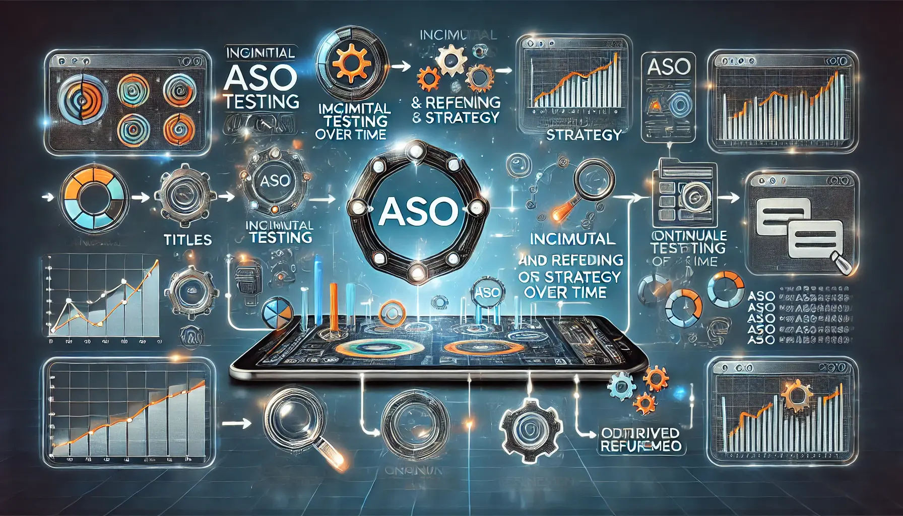 Conceptual image showing a digital dashboard with iterations of app elements connected by lines, representing continuous ASO testing and improvement over time.