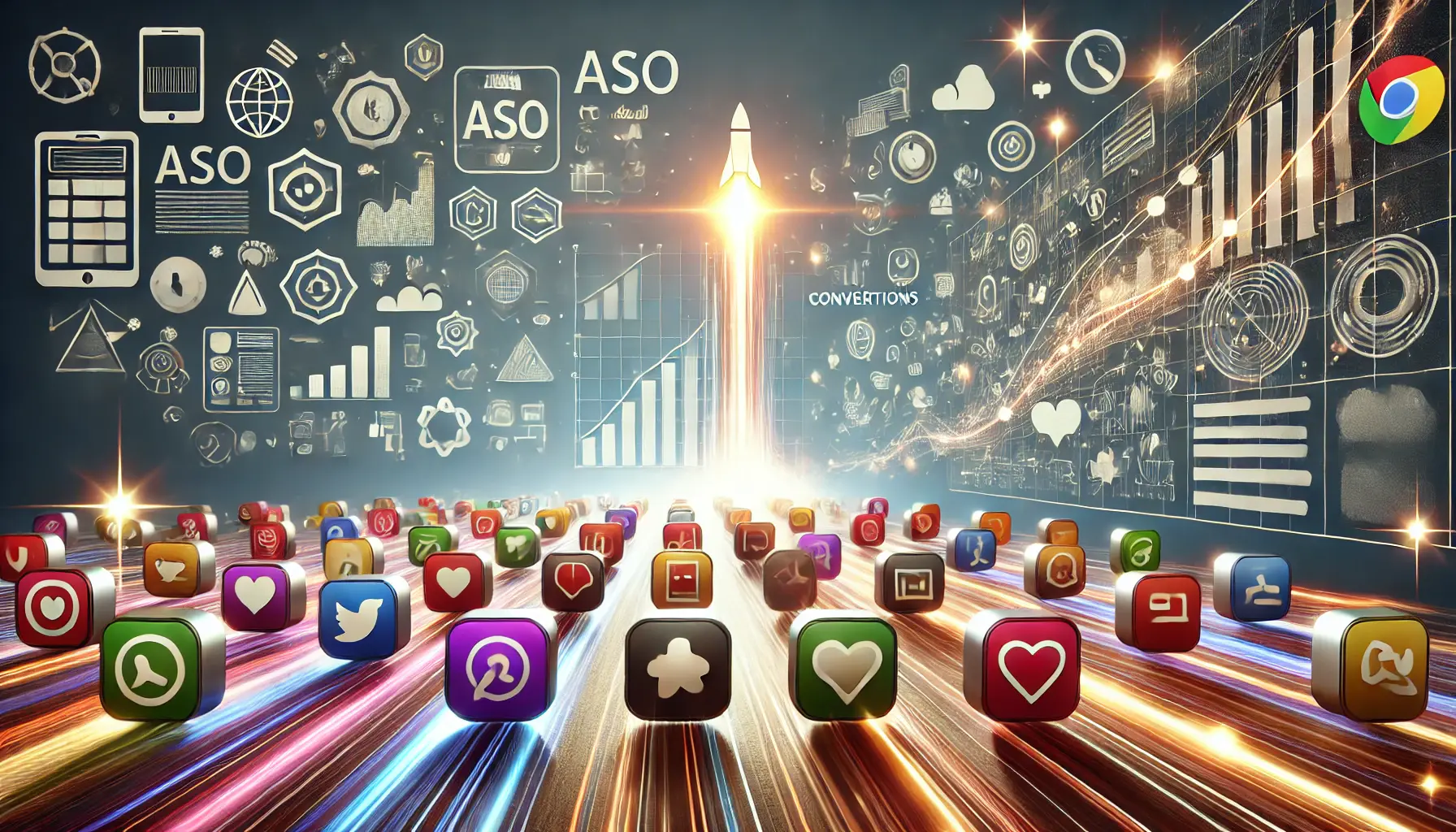 Abstract representation of app icons standing out, indicating their influence on App Store Optimization (ASO) and conversions through visual appeal.