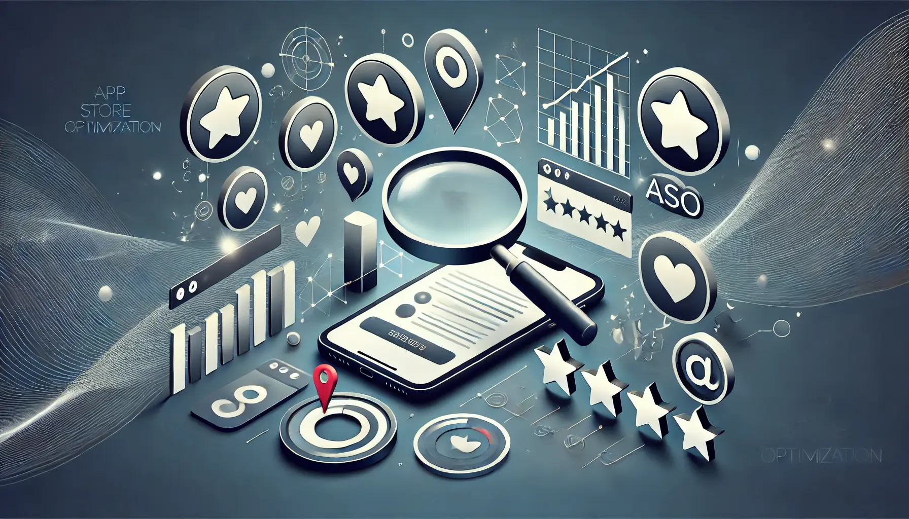 Visual representation of the key components and principles of App Store Optimization (ASO) featuring app icons, a magnifying glass, charts, a mobile phone displaying an app store page, and user ratings, all interconnected by dynamic lines.