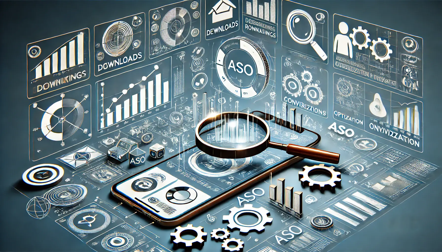 Conceptual image showing a digital interface with graphs, charts, and performance indicators, along with abstract representations of ASO tools like magnifying glasses and gear icons, symbolizing key ASO metrics and tools.