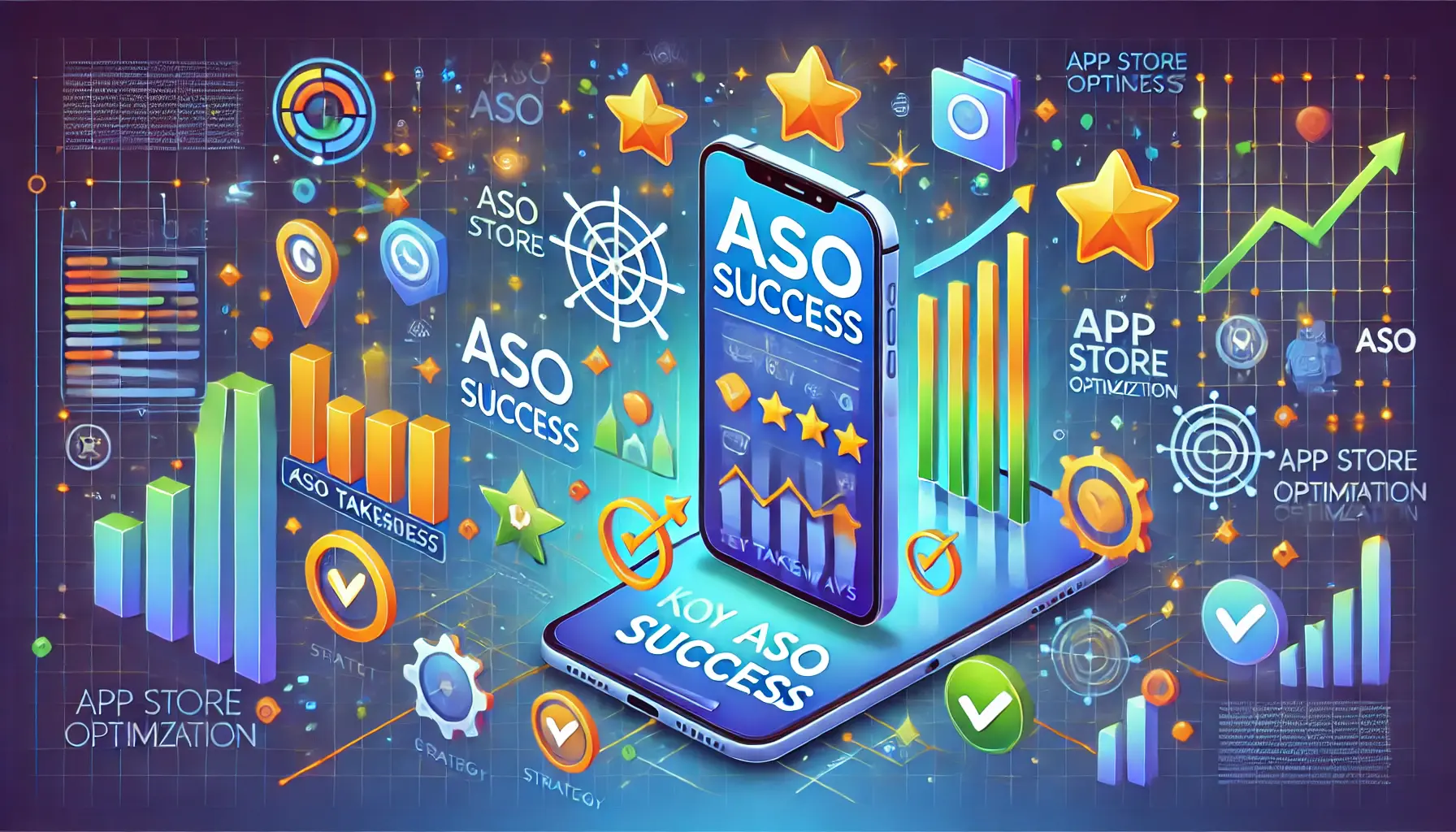 A digital illustration of a smartphone displaying ASO success elements like graphs, app icons, and checkmarks, surrounded by stars and growth symbols.