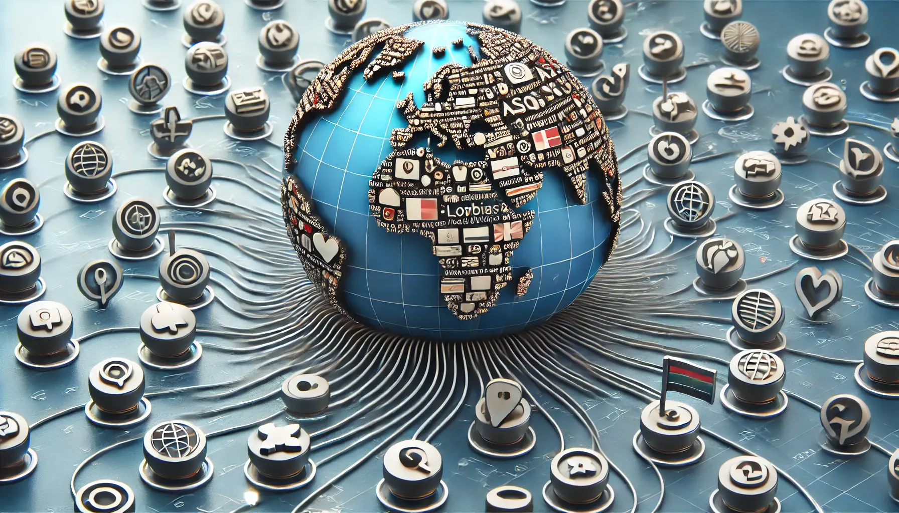 Conceptual image depicting a globe with interconnected app icons, each representing different regions and languages, symbolizing the localization of ASO strategies across global markets.