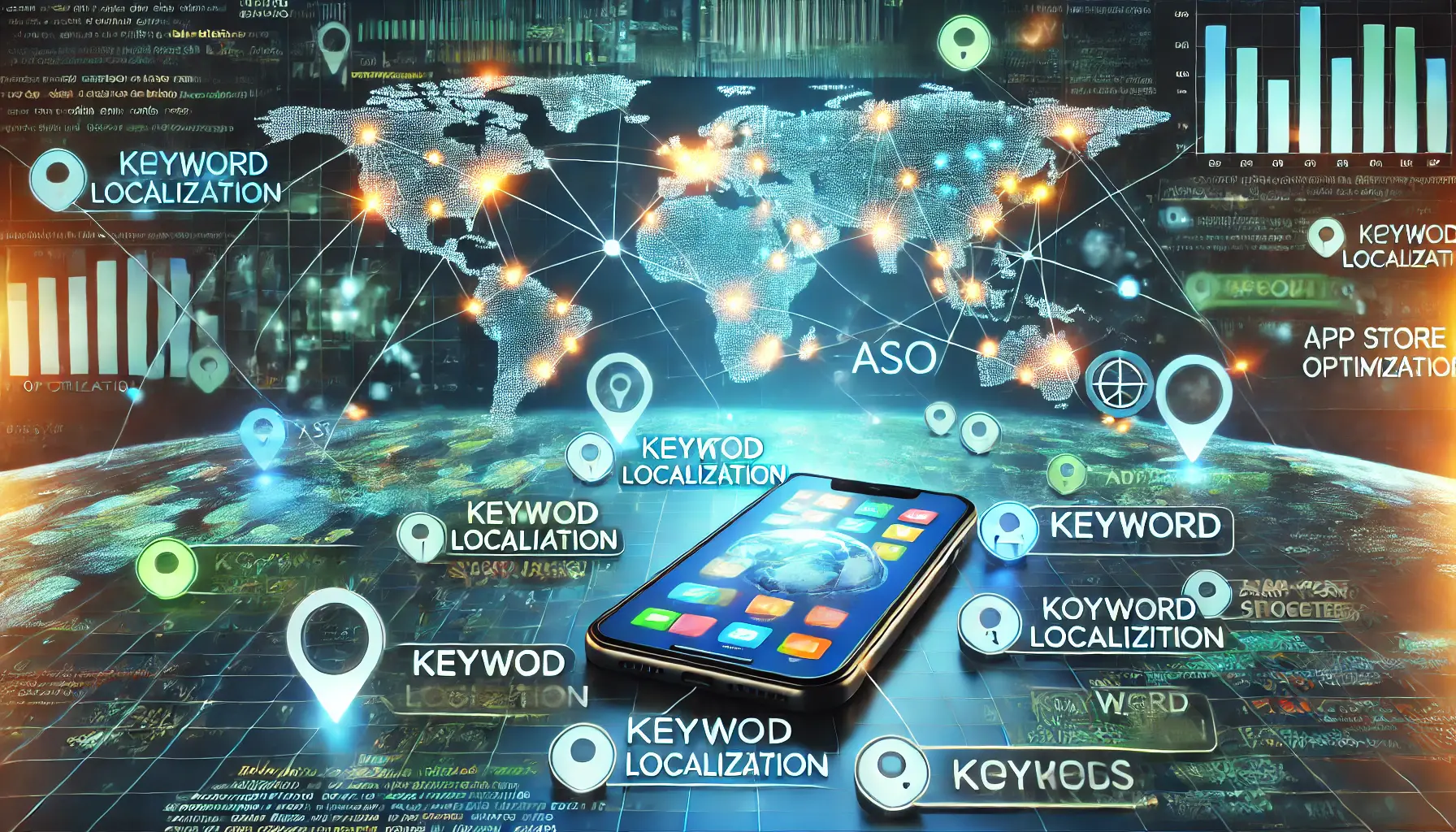 A digital image showing a world map with glowing nodes connected to a smartphone displaying app icons, with keyword tags in multiple languages symbolizing keyword localization.