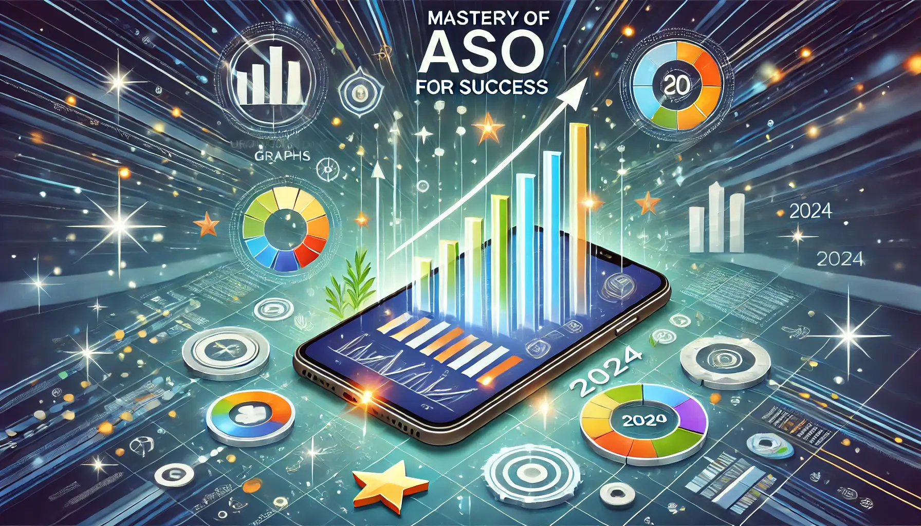 A digital illustration of a smartphone displaying upward trending graphs, app icons, and performance metrics, surrounded by arrows and stars representing growth and success.