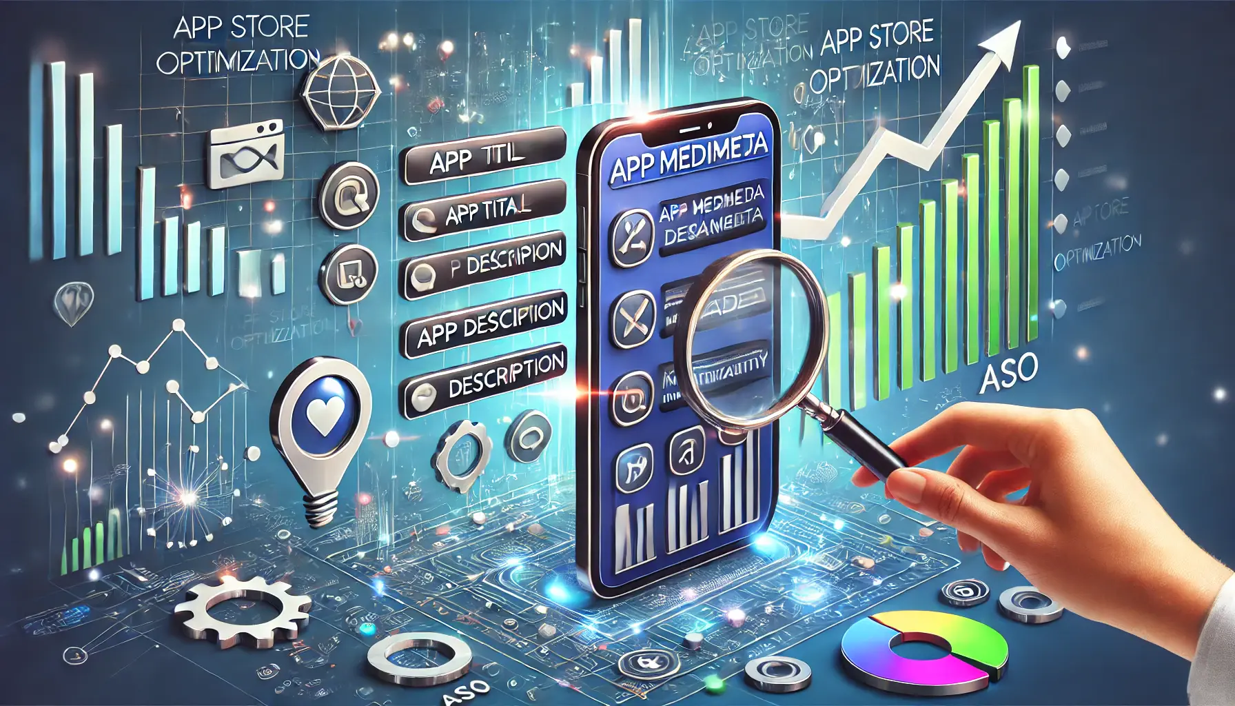 A digital illustration of a smartphone with highlighted metadata elements like app title and description, surrounded by upward trending graphs and magnifying glasses, symbolizing improved app visibility.