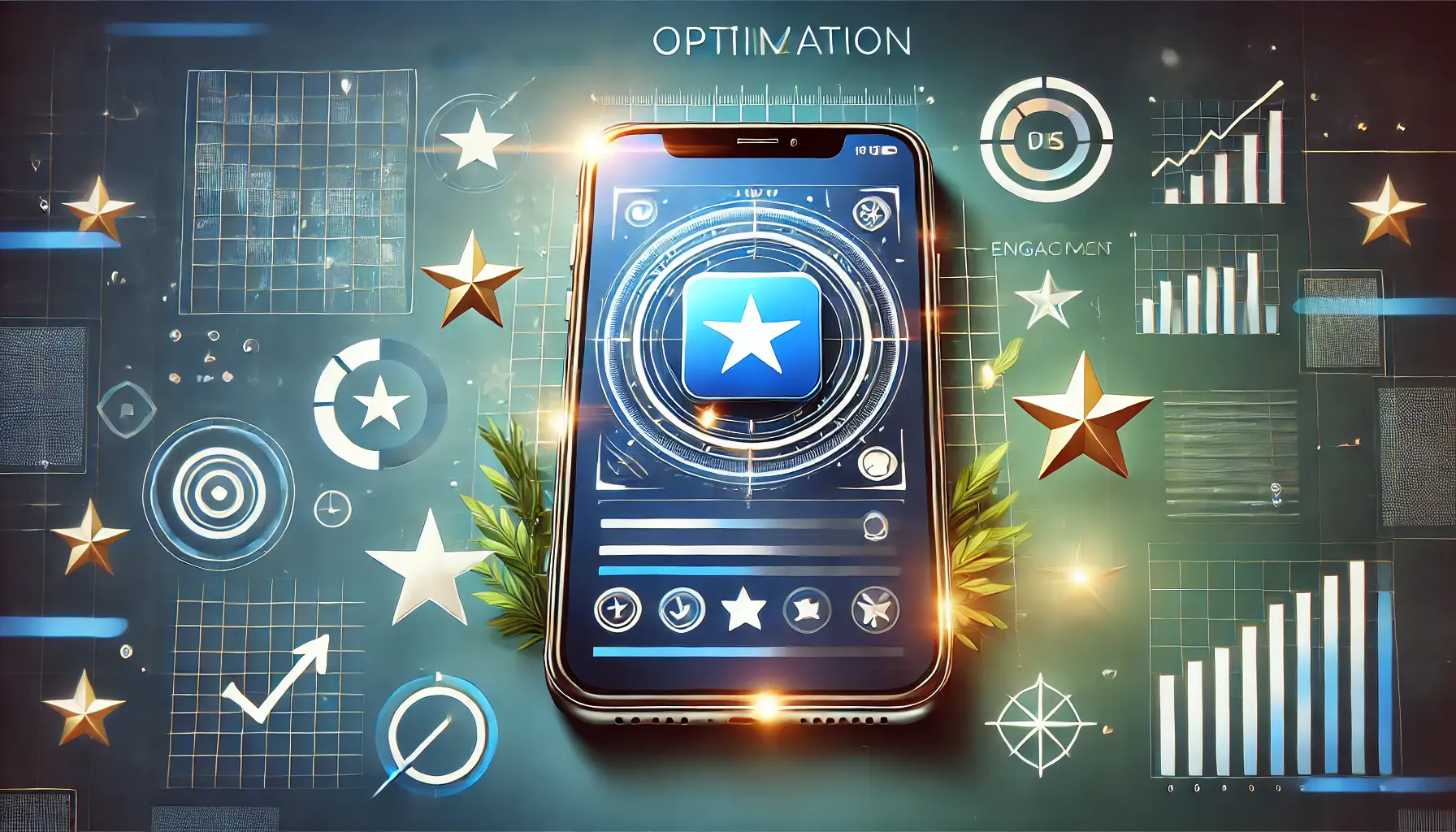 A digital illustration of a smartphone with a large app icon highlighted at the center, surrounded by stars, arrows, and user interaction symbols, representing improved engagement.