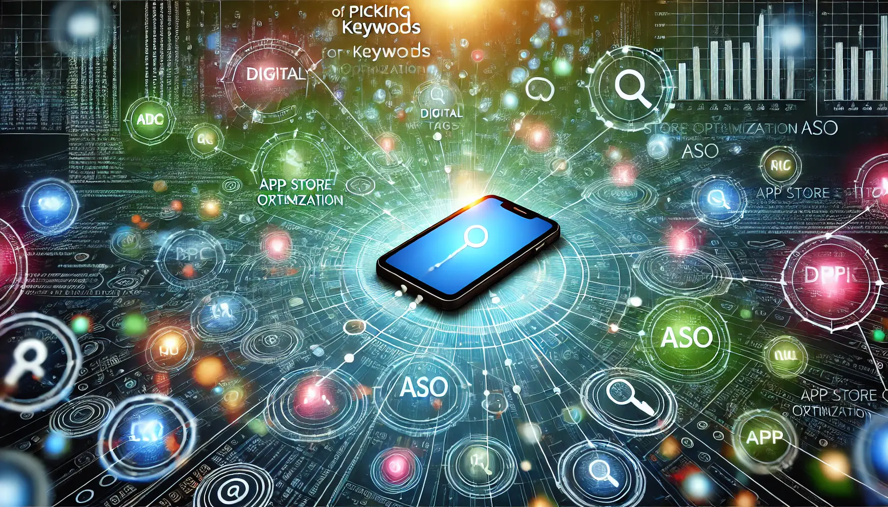 An abstract image featuring digital tags or keywords floating around a smartphone, symbolizing keyword selection and relevance for app store optimization.