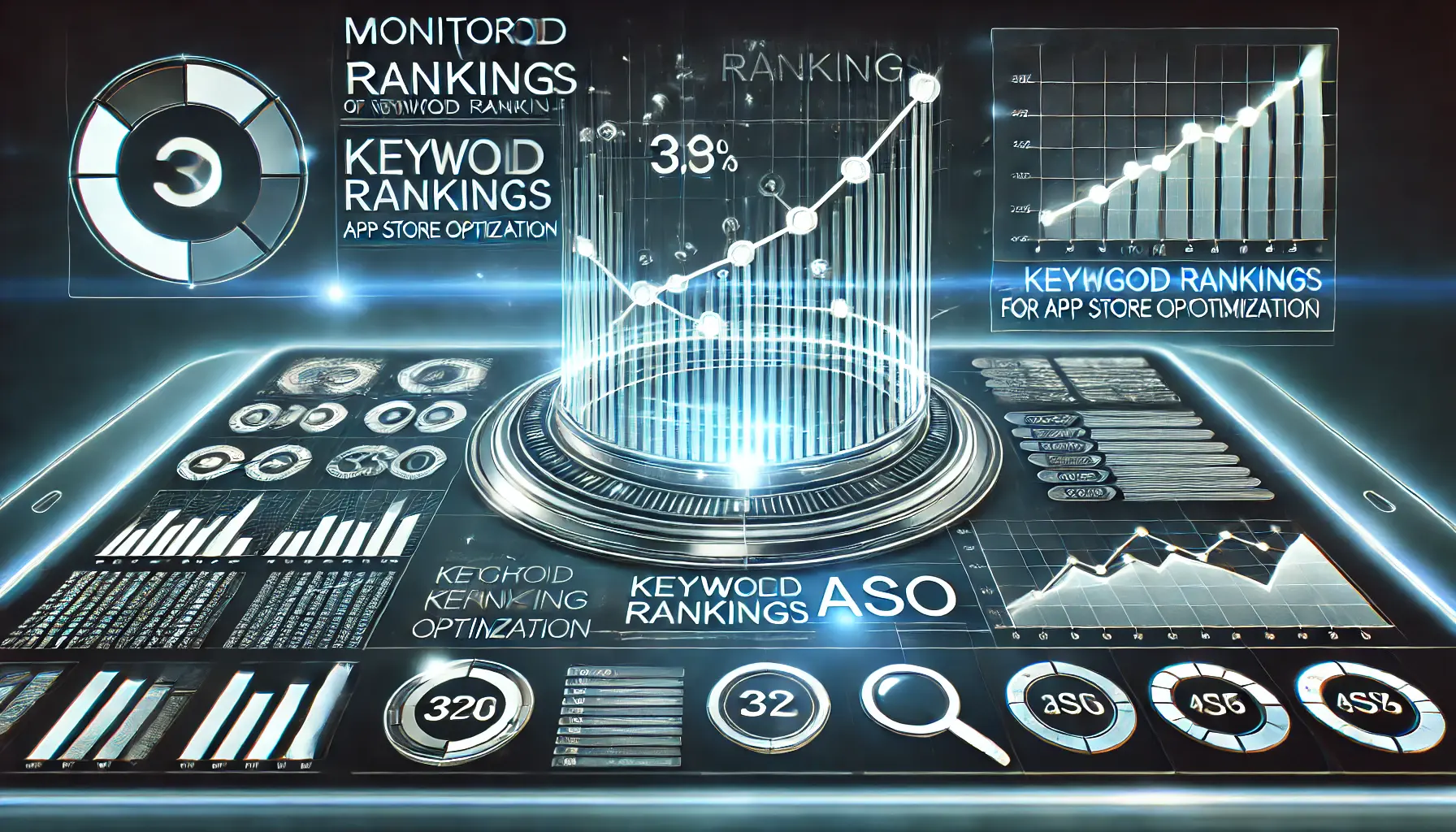 Conceptual image of a digital dashboard showing ascending and descending keyword rankings, along with graphs and charts representing trend analysis and performance tracking.