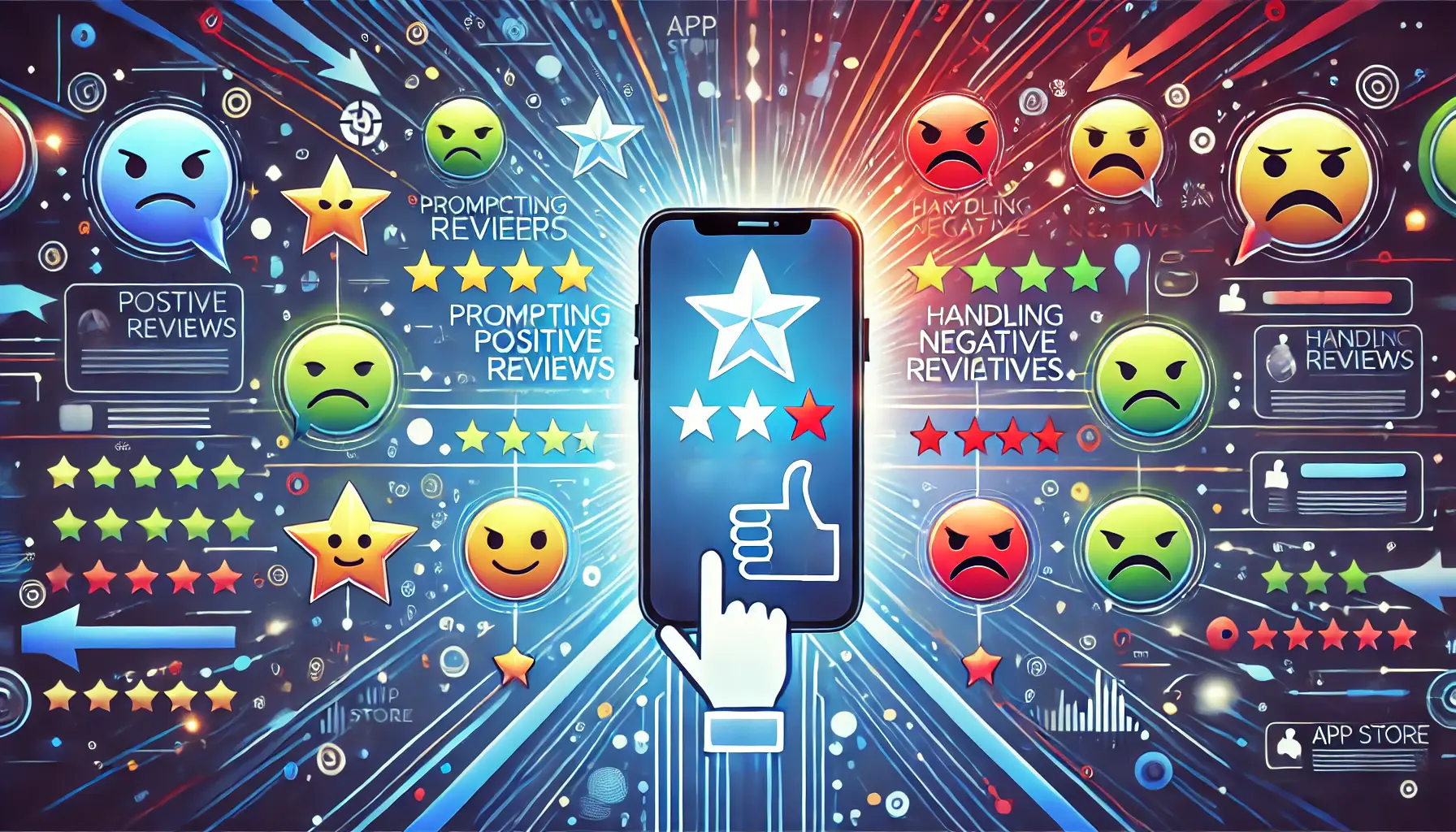 A digital illustration of two smartphones, one surrounded by positive symbols like stars and thumbs-up icons, and the other surrounded by negative symbols like frowning faces and downward arrows, with a resolution symbol connecting them.