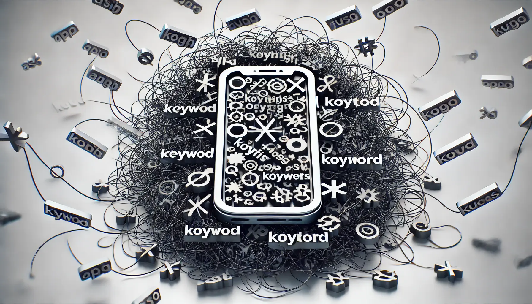 Conceptual image of an app icon overwhelmed by chaotic, tangled elements and keyword symbols, representing the downside of excessive keyword usage in ASO.