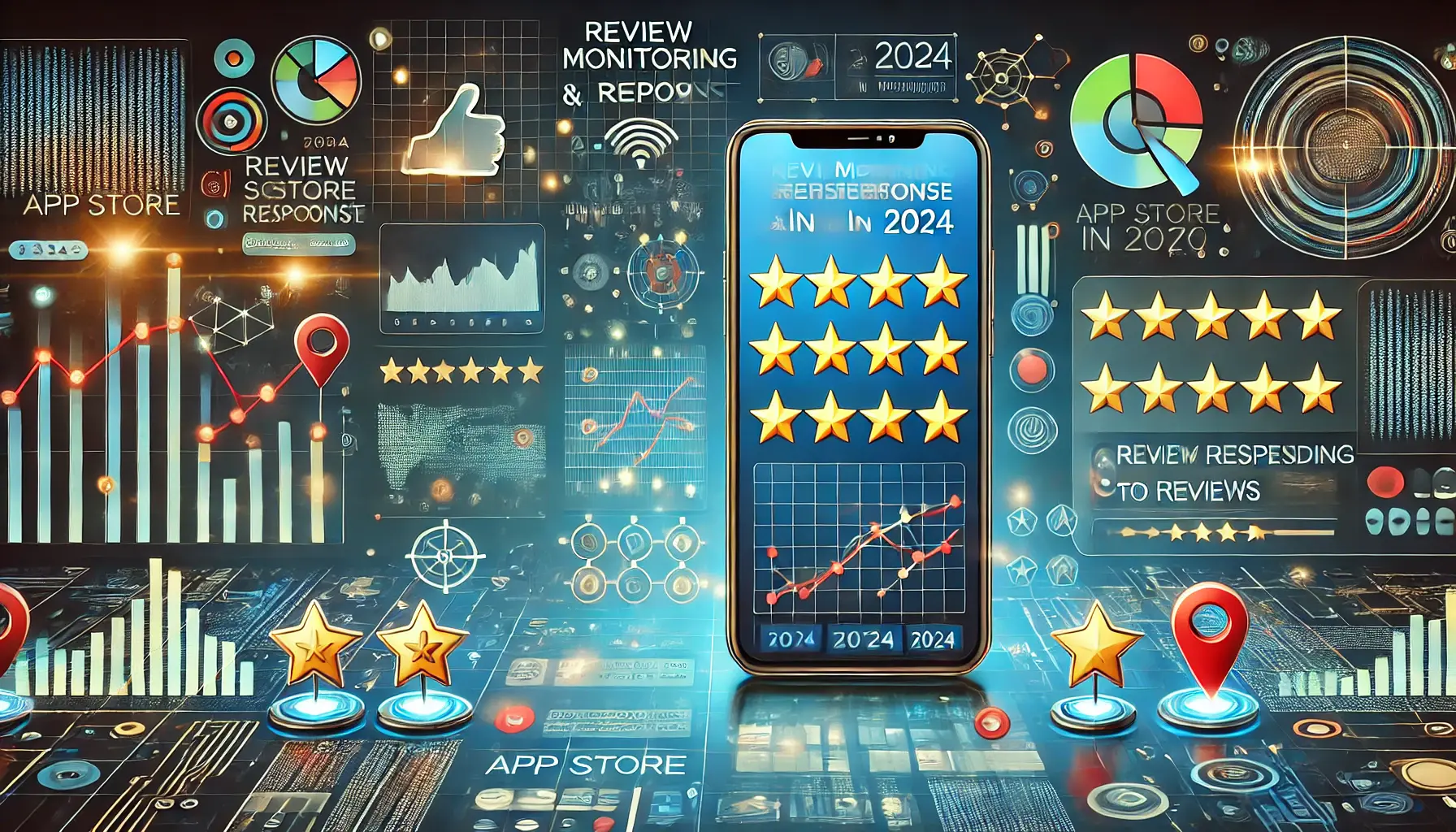 A digital illustration of a smartphone displaying user reviews and feedback icons such as stars and comment bubbles, accompanied by a monitoring dashboard with graphs and data lines.