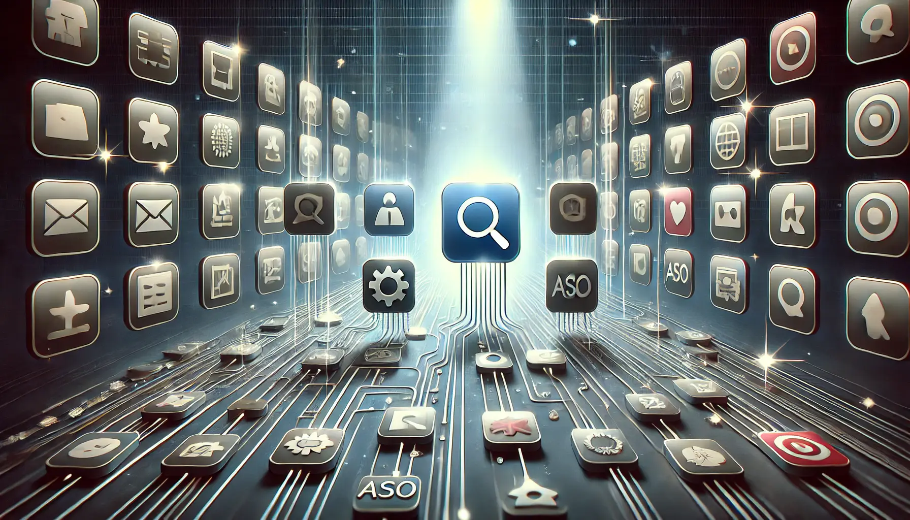 Conceptual image with multiple app icons connected by lines, highlighting one central icon with a spotlight, symbolizing the selection of the right keyword for ASO.