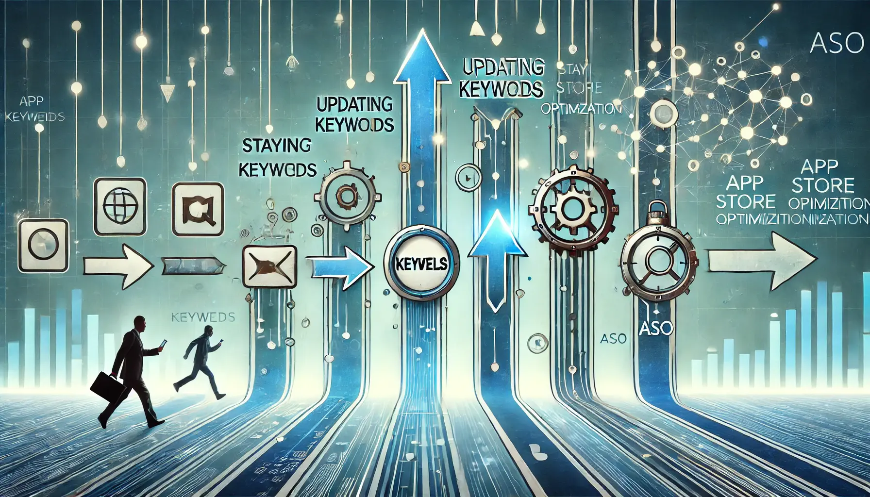 Conceptual image depicting a digital timeline with evolving keywords and app elements, symbolizing continuous adaptation and staying on top of trends for ASO.