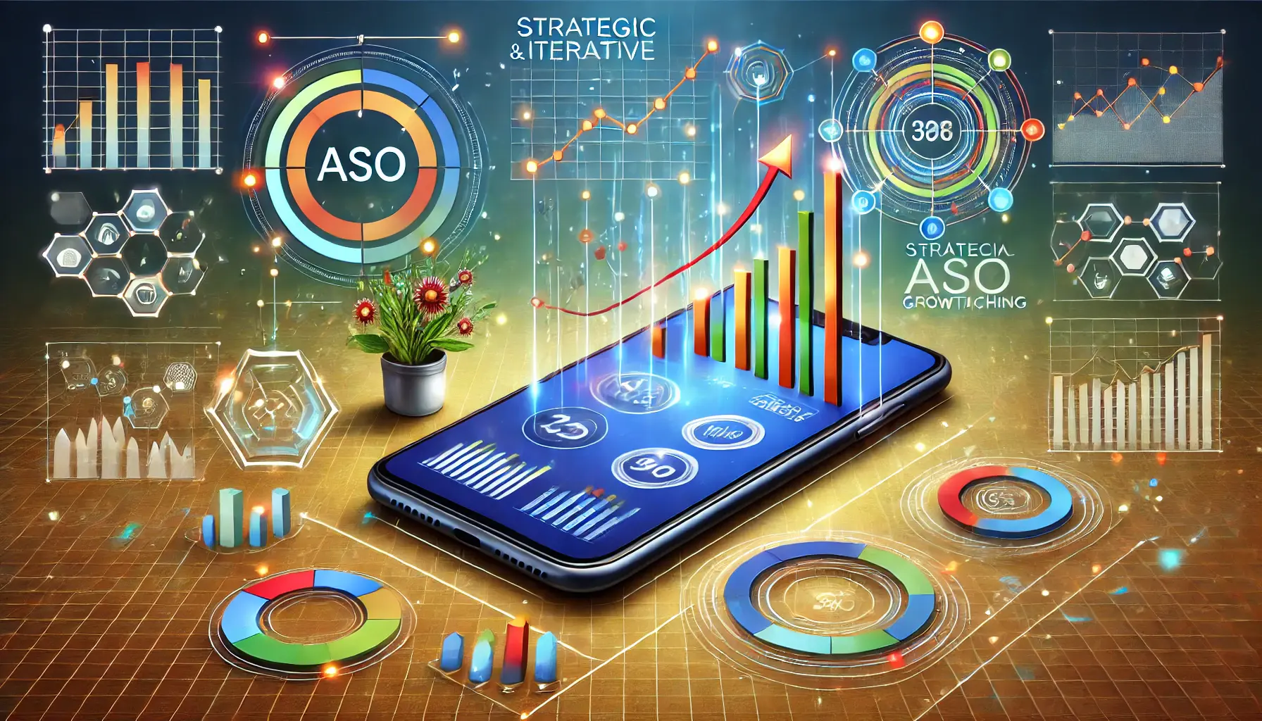 A digital illustration of a smartphone surrounded by data tracking elements like graphs, upward trending arrows, and progress bars, symbolizing continuous strategic growth for ASO.