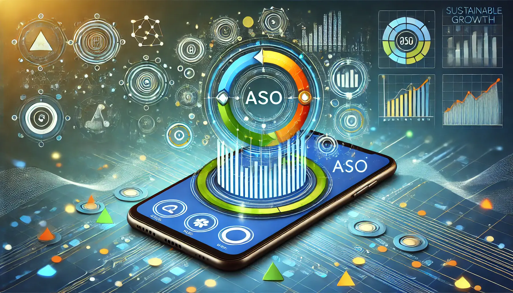 A digital illustration of a smartphone displaying app analytics and growth symbols, surrounded by circular elements representing continuous ASO refinement.