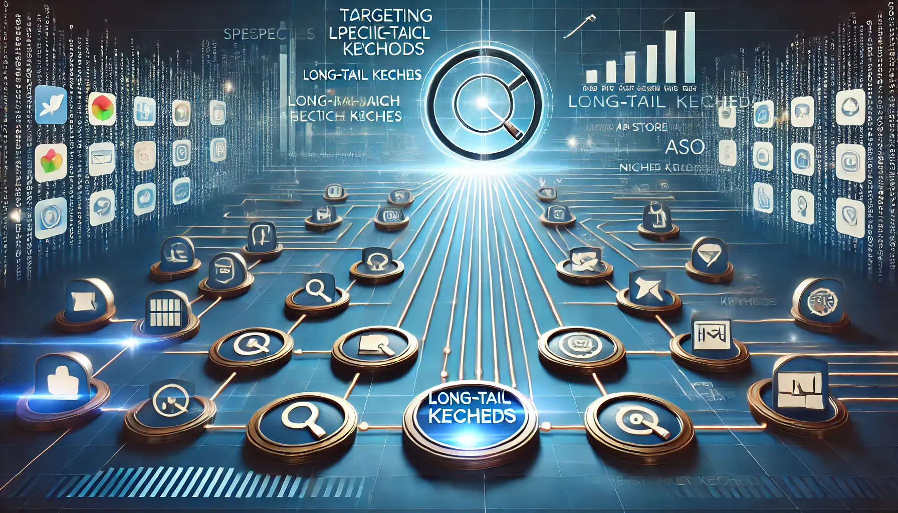 Conceptual image showing multiple branching paths leading to different app categories or niches represented by glowing app icons, symbolizing the use of long-tail keywords to target specific audiences.