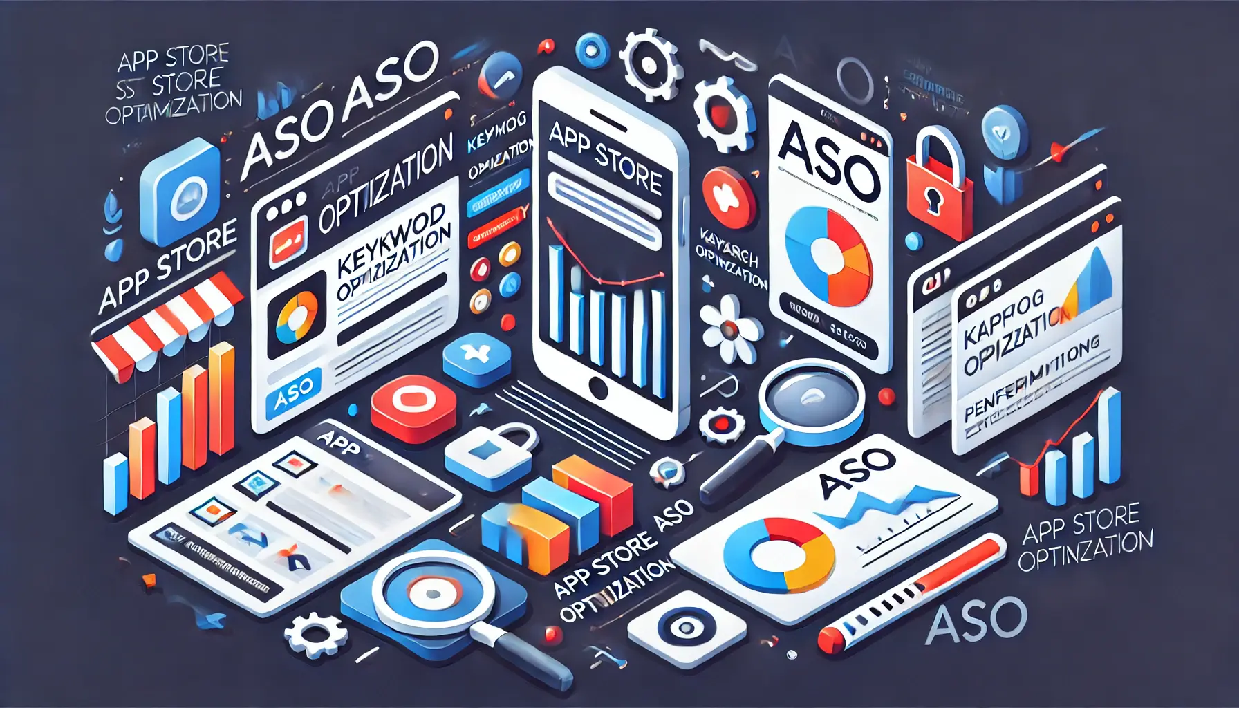 Abstract representation of the basics of App Store Optimization (ASO) with app icons, search bars, and performance charts.